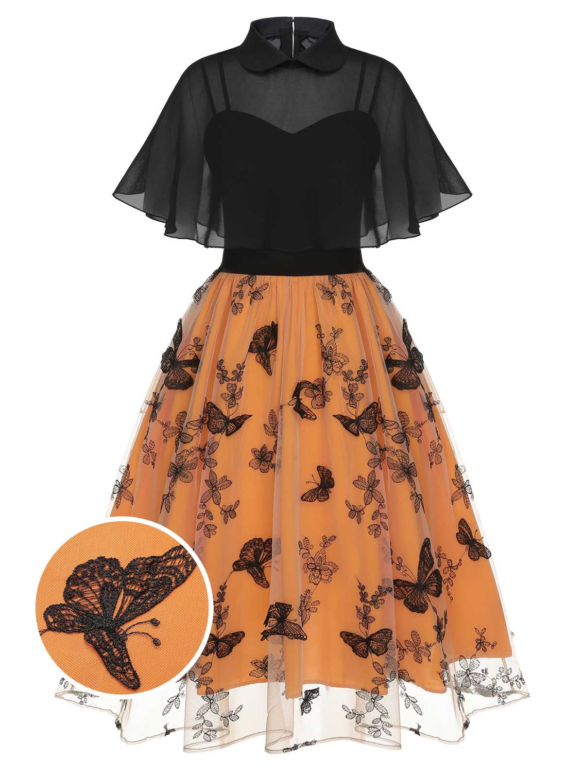 Black & Orange 1950s 3D Butterfly Cloak Dress - Image 2