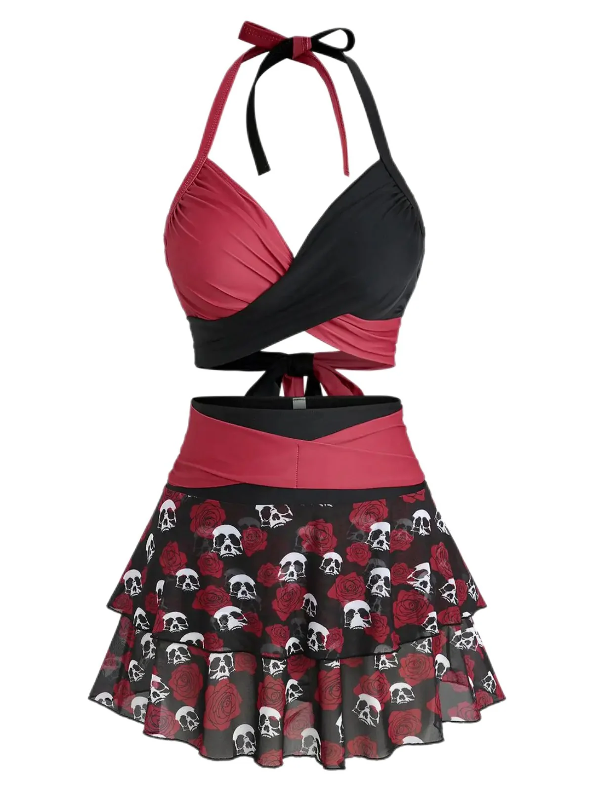 Black & Red 1980s Gothic Skull Rose Halter Skirt Swimsuit