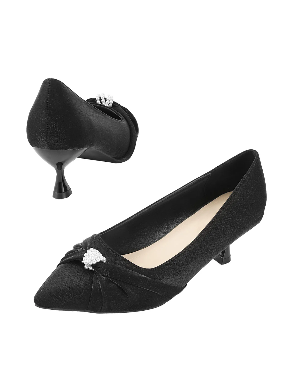 Black Twist Beading Kitten Heels Shoes - Image 3