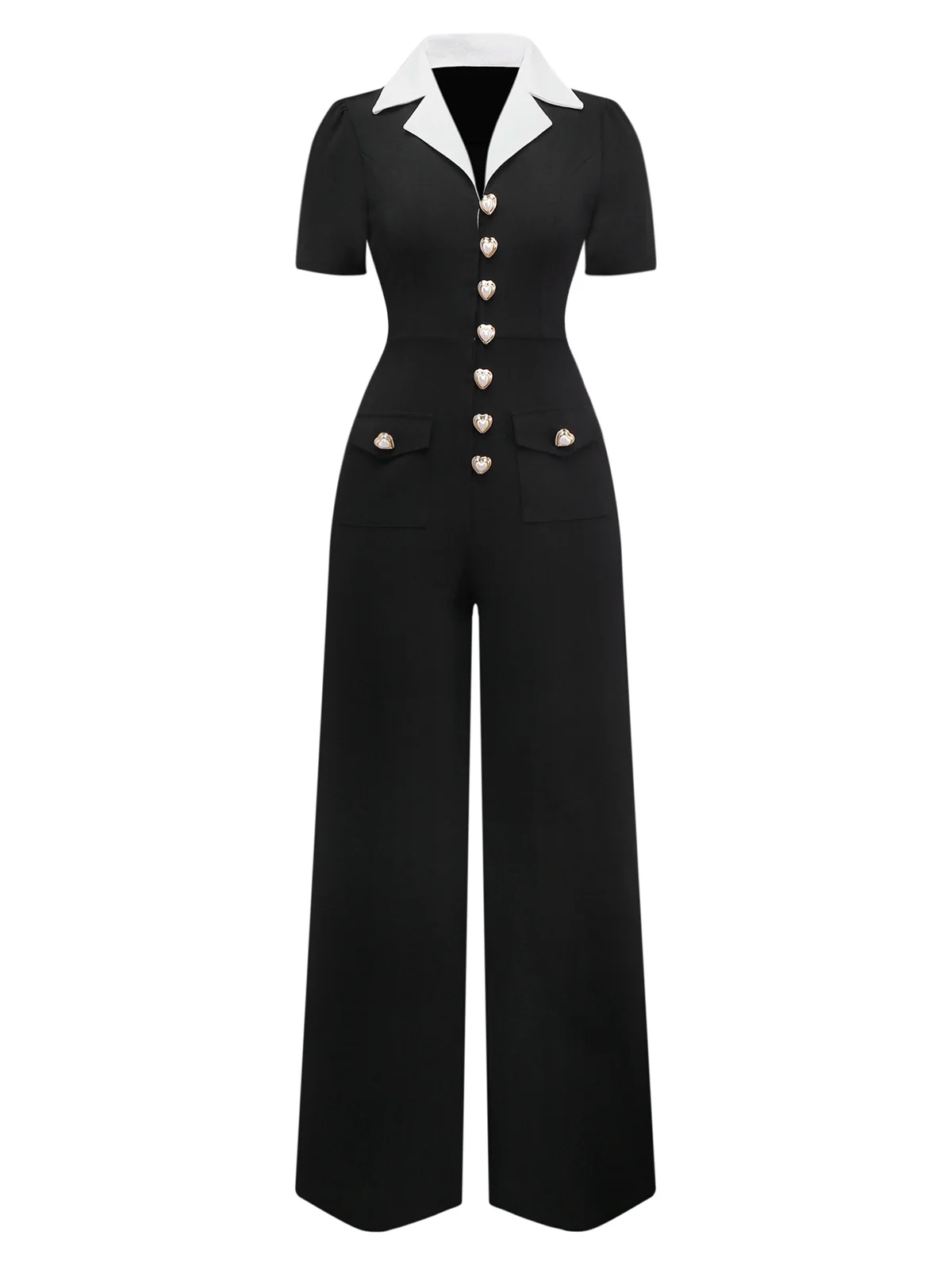 Black & White 1930s Notched Collar Buttoned Jumpsuit