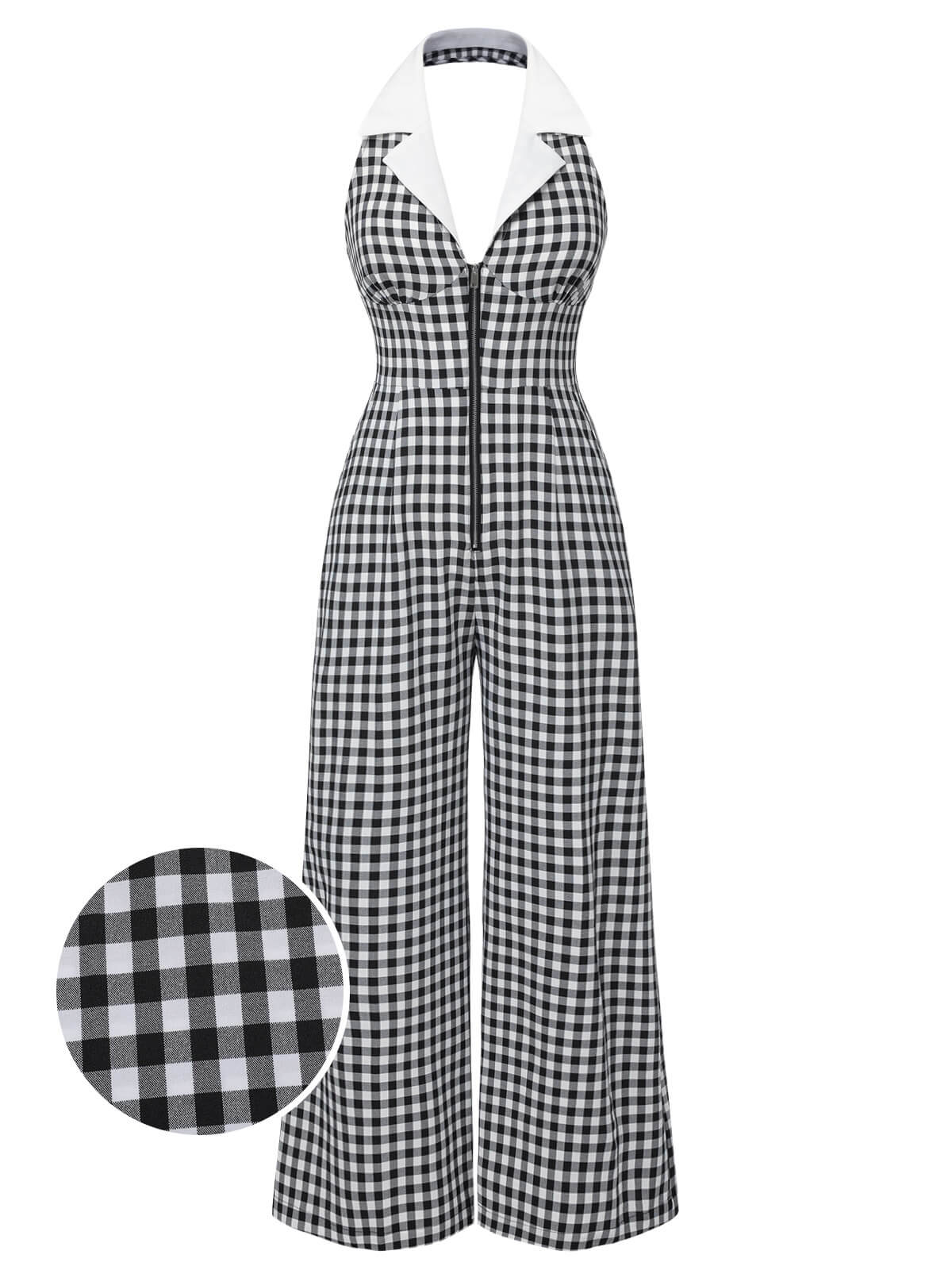 Black White 1940s Plaid Lapel Halter Jumpsuit - Image 2