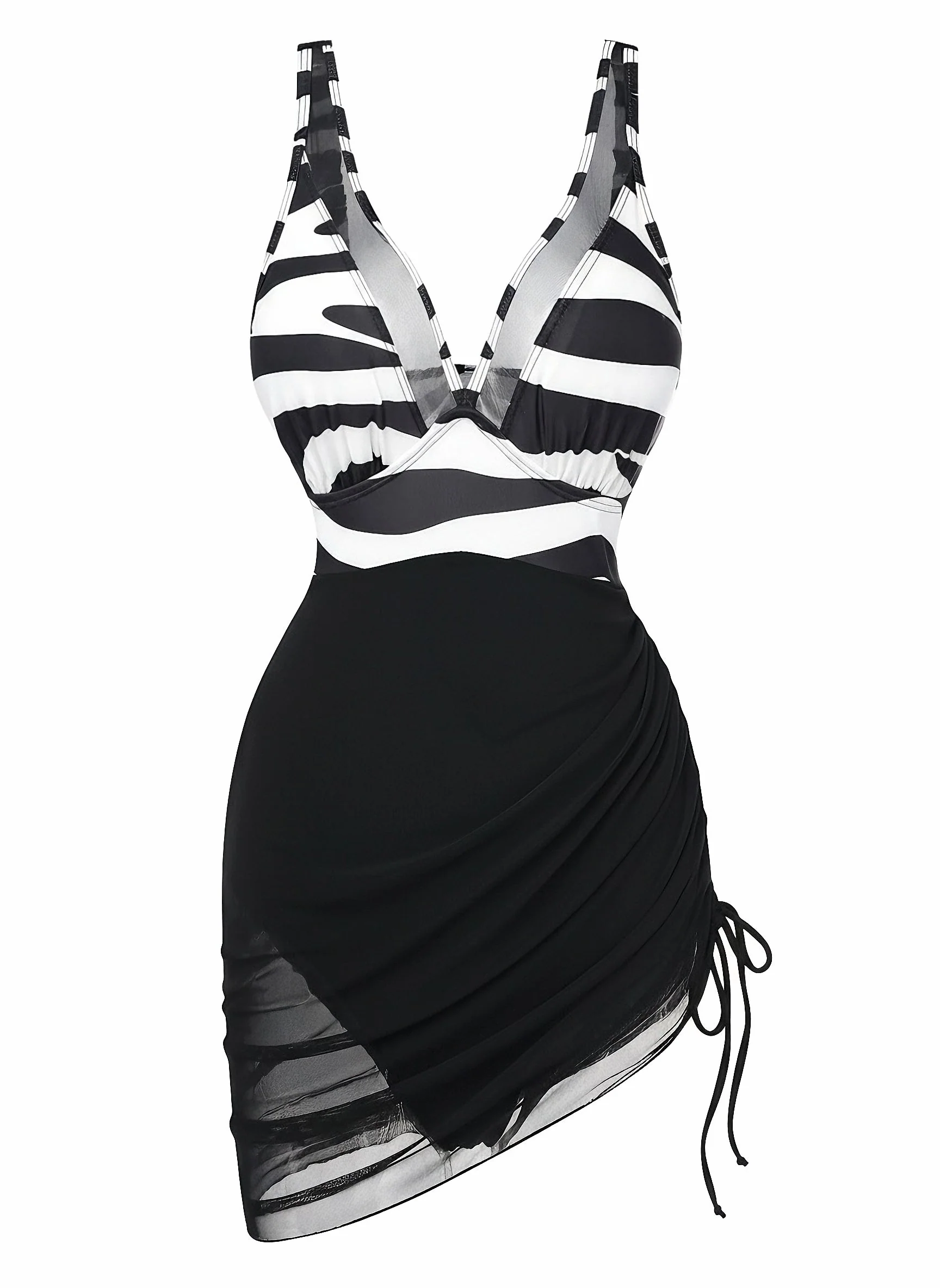 Black & White 1940s Zebra Print Mesh One-Piece Swimsuit
