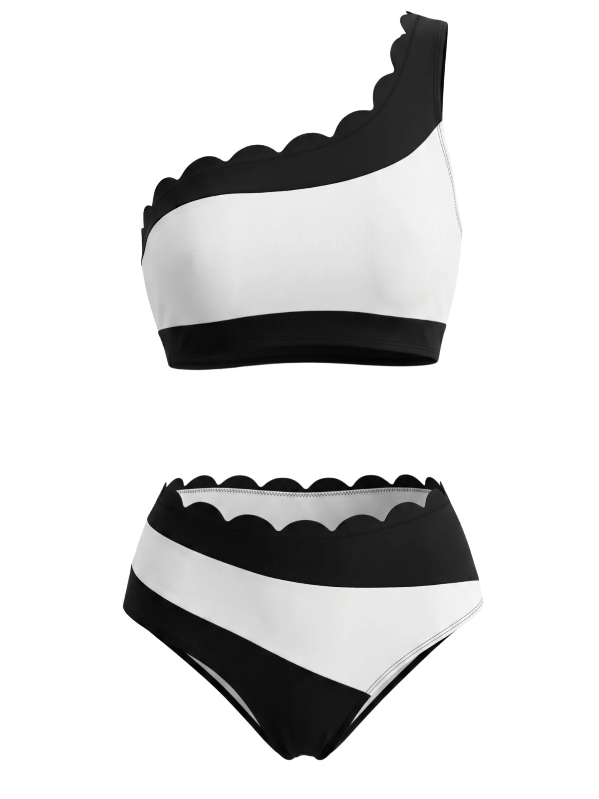 Black & White 1950s Scalloped One-Shoulder Bikini Set - Image 5