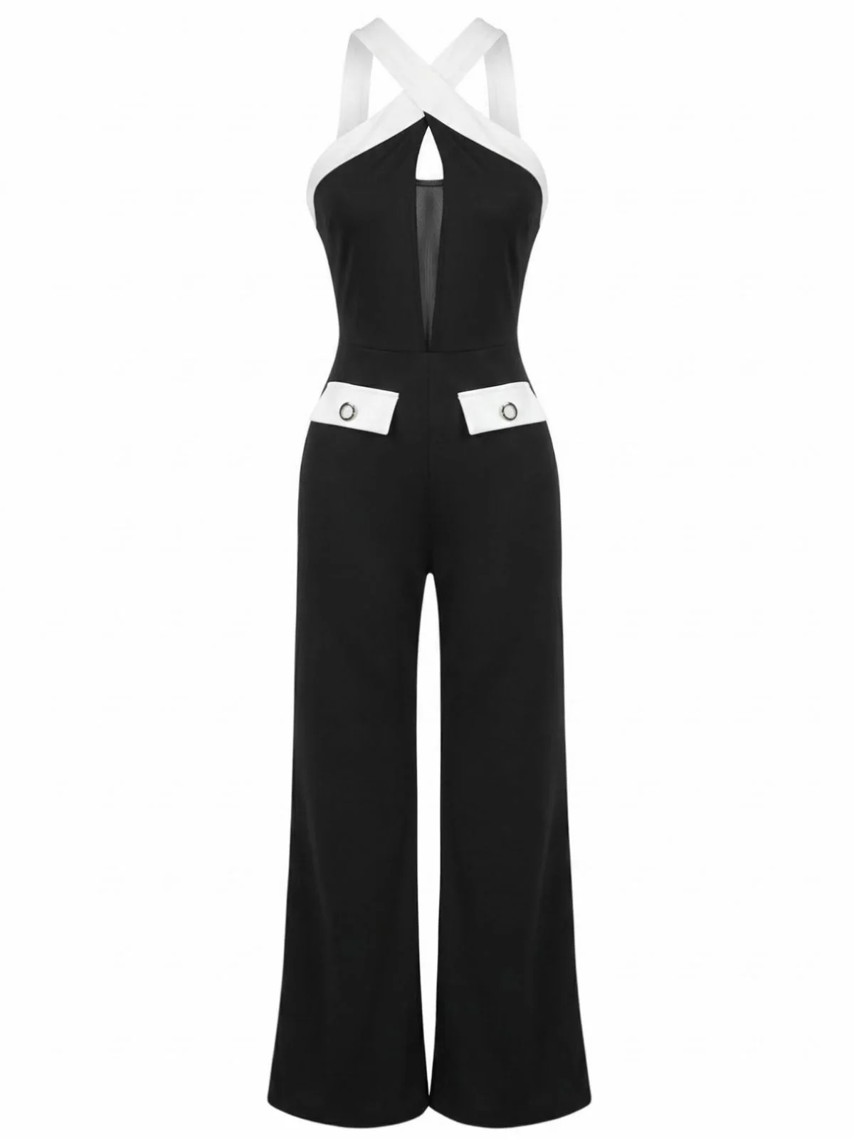 Black & White 1960s Contrast Halter Wide-Leg Jumpsuit