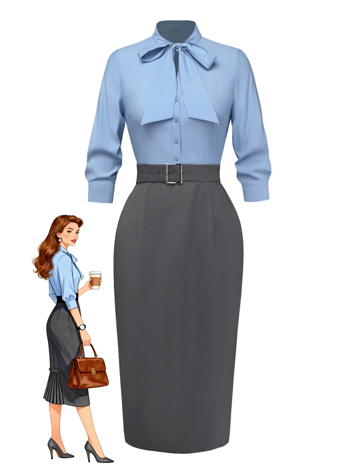 Blue 1930s Bow Tie Belted Pencil Dress