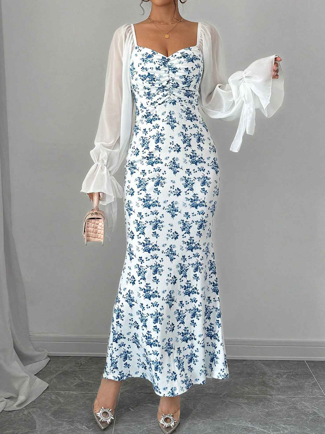 Blue 1930s Chiffon Sleeves Ditsy Floral Dress