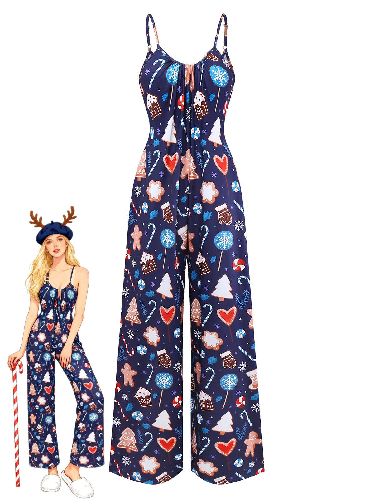 Blue 1930s Christmas Elements Printed Straps Jumpsuit