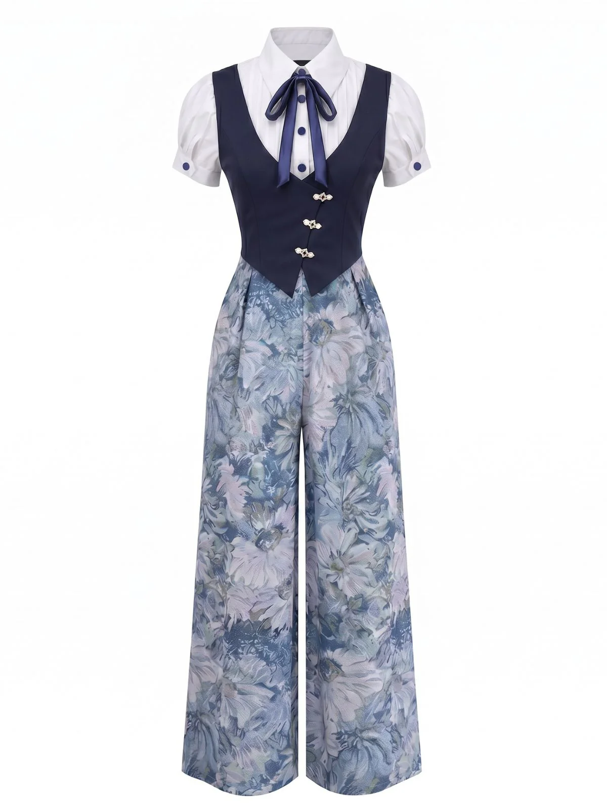 [Pre-Sale] Blue 1930s Faux 3PCS Bow Floral Jumpsuit
