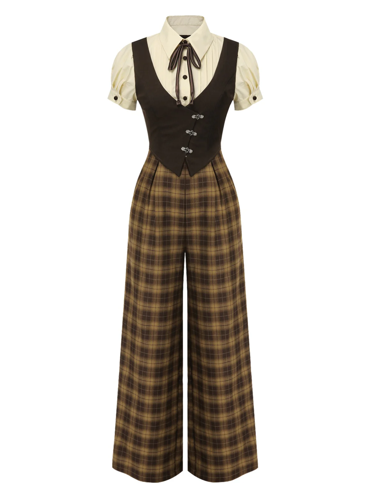 Brown 1930s Faux 3PCS Bow Plaid Jumpsuit - Image 4