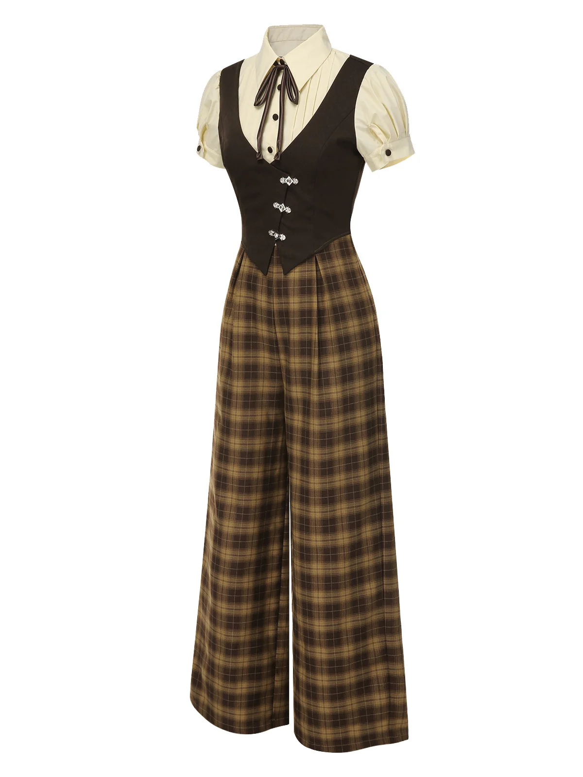 Brown 1930s Faux 3PCS Bow Plaid Jumpsuit - Image 5