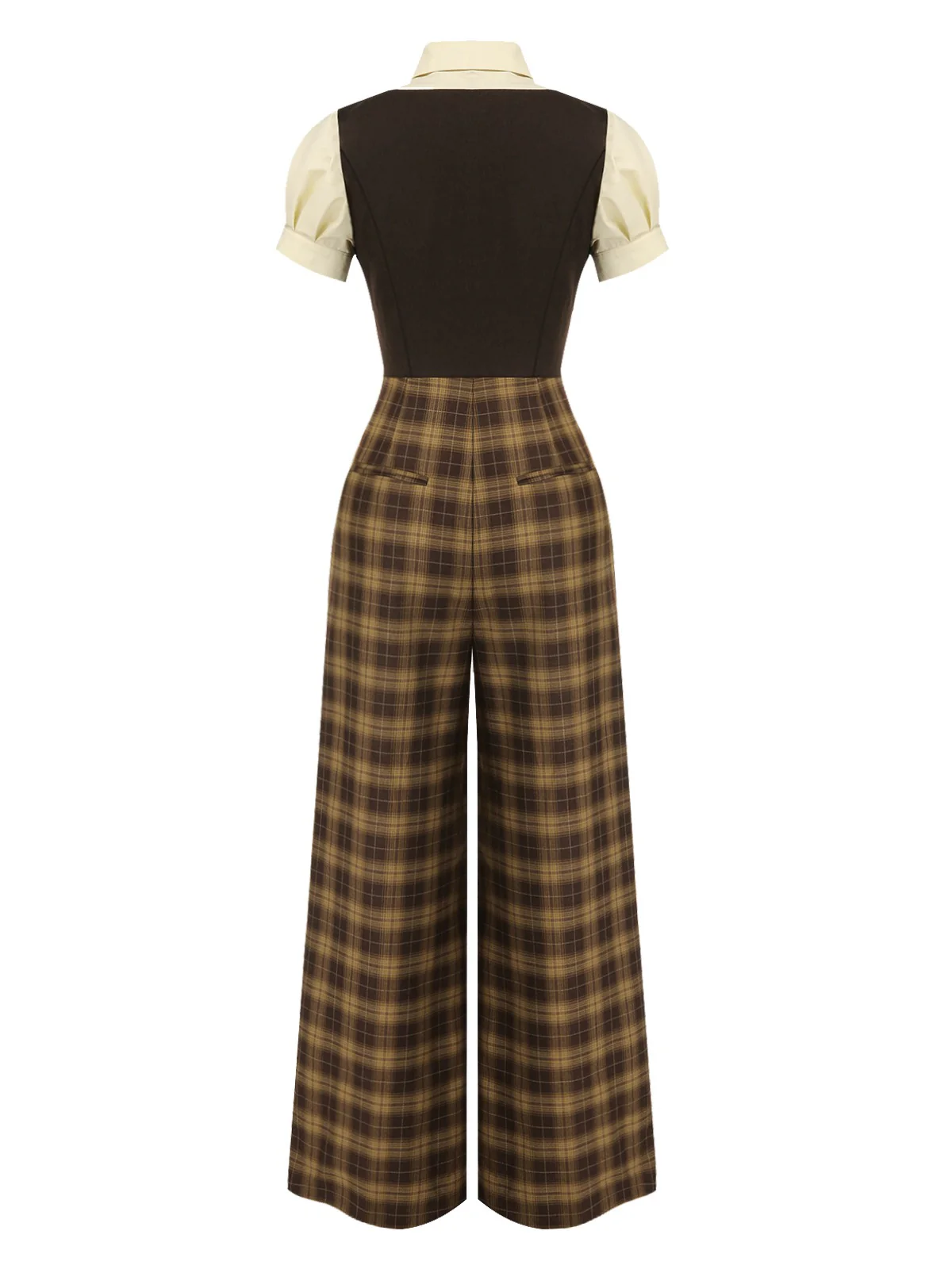 Brown 1930s Faux 3PCS Bow Plaid Jumpsuit - Image 6