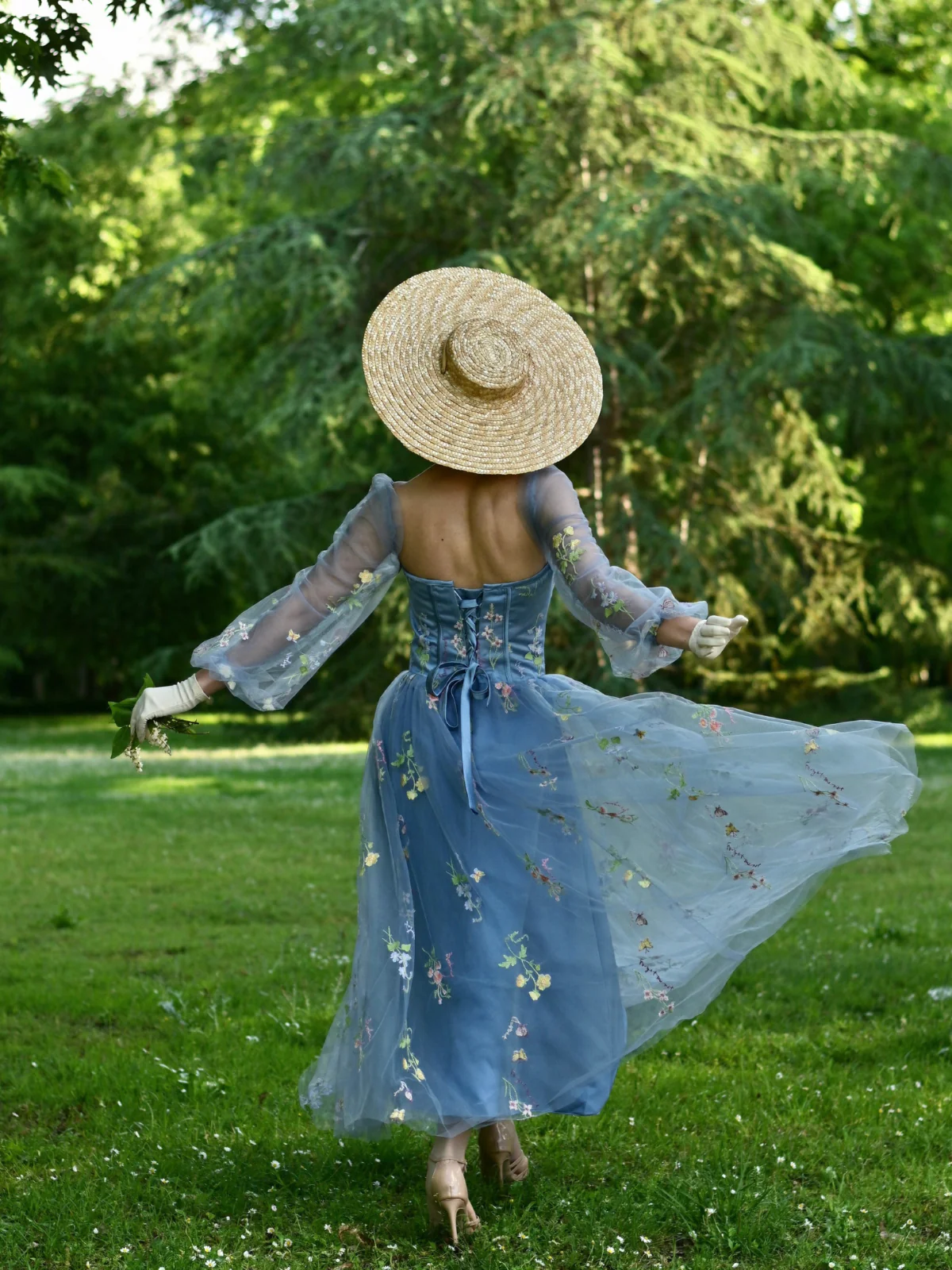 Blue 1930s Floral Embroidered Mesh Long Sleeve Dress - Image 3