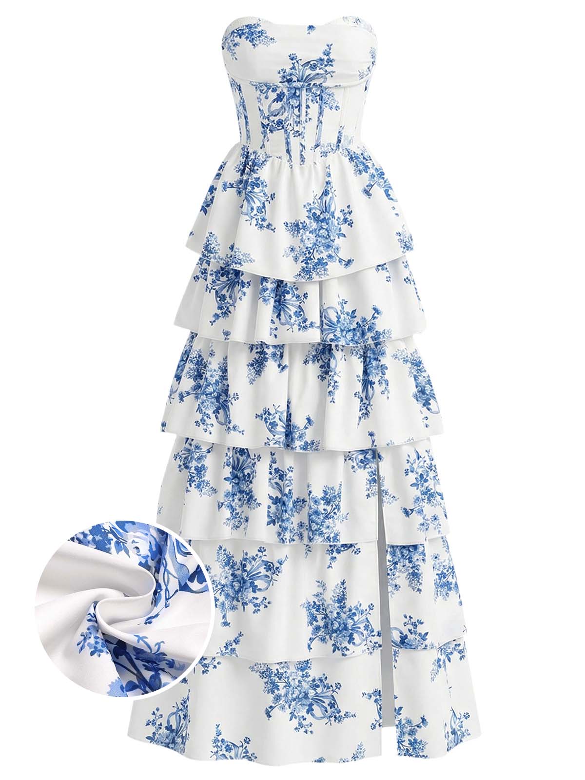 Blue 1930s Floral Strapless Fishbone Tiered Long Dress