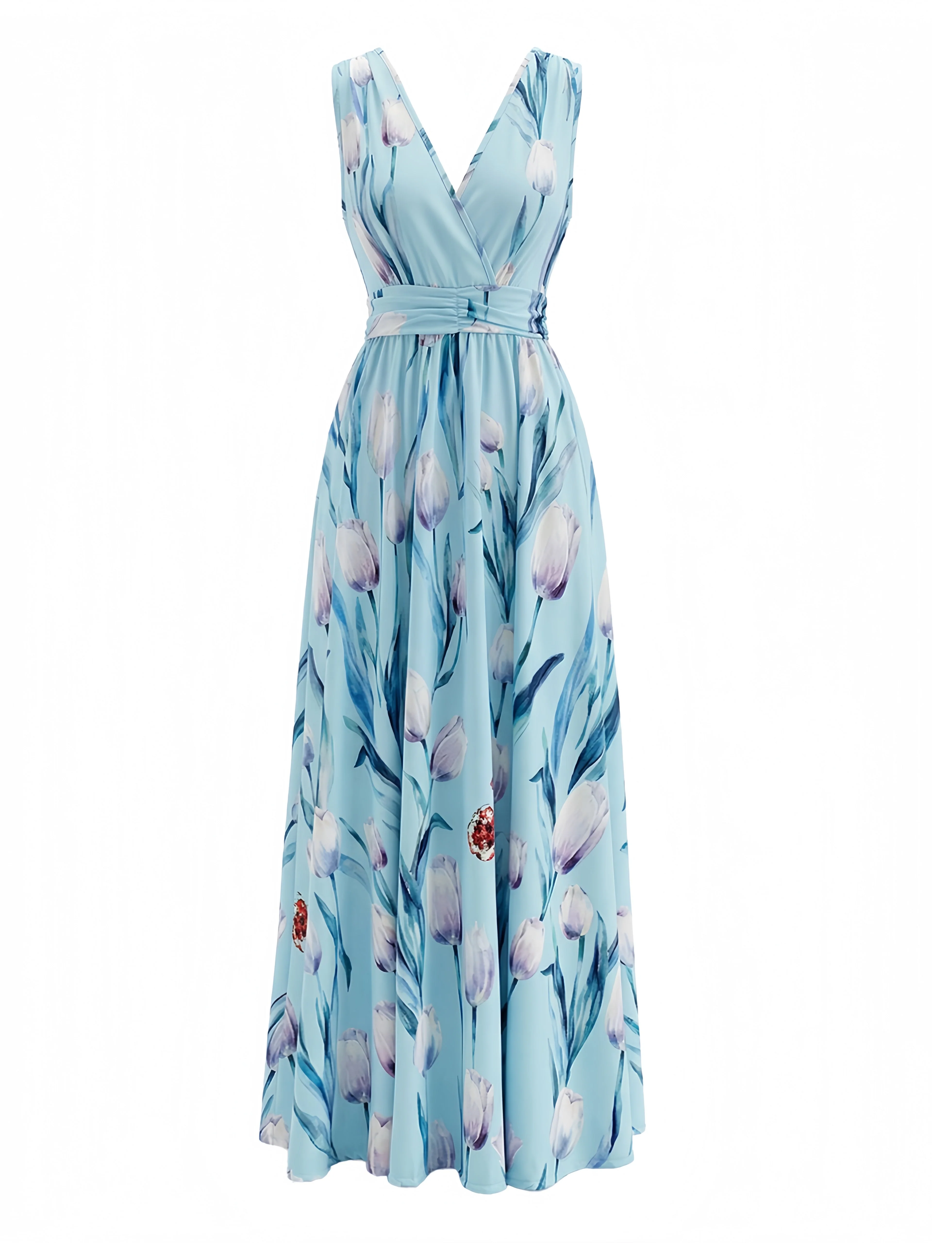 Blue 1930s Floral V-Neck Maxi Dress - Image 3