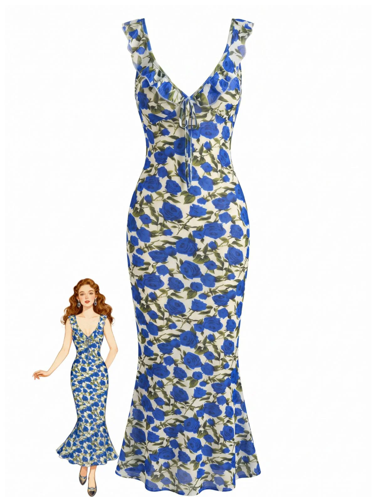 Blue 1930s Halter V-Neck Floral Fitted Dress
