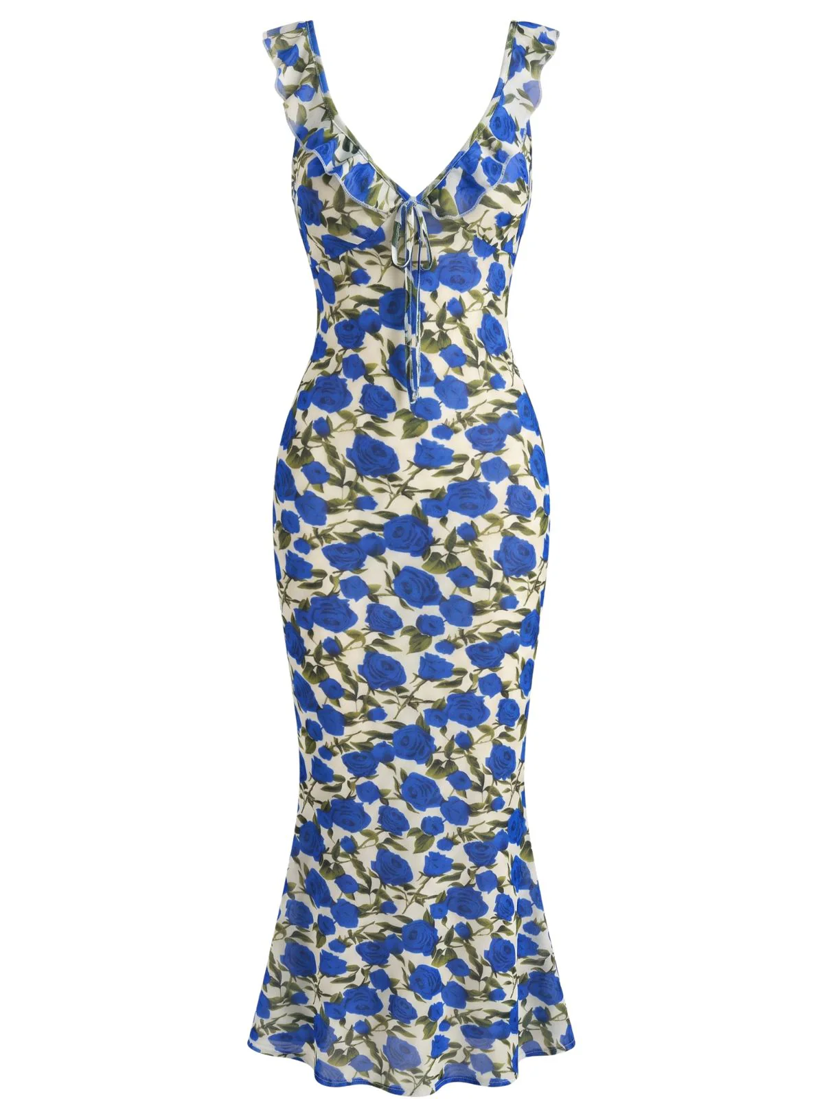 Blue 1930s Halter V-Neck Floral Fitted Dress - Image 2