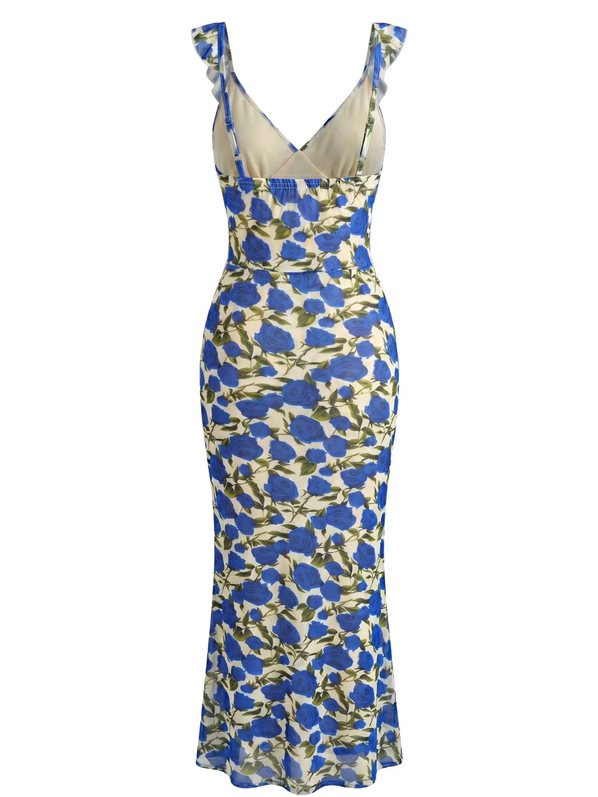 Blue 1930s Halter V-Neck Floral Fitted Dress - Image 3