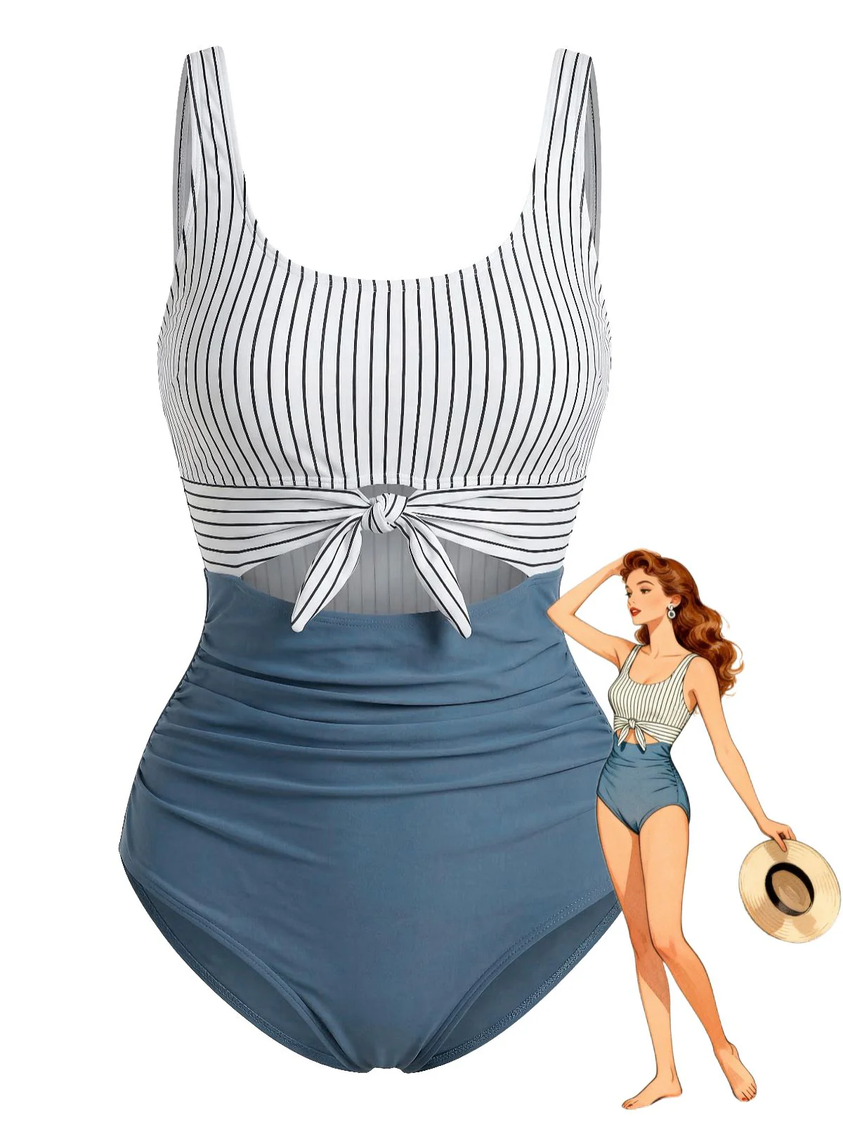 Blue 1930s High-Waist Stripe Cutout One-Piece Swimsuit