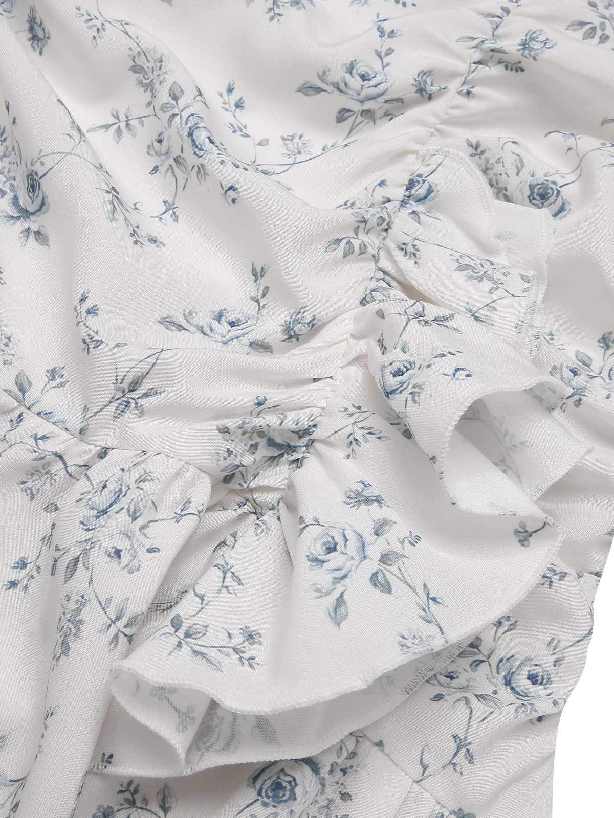 Blue 1930s Off-Shoulder Floral Ruffles Hem Dress - Image 7
