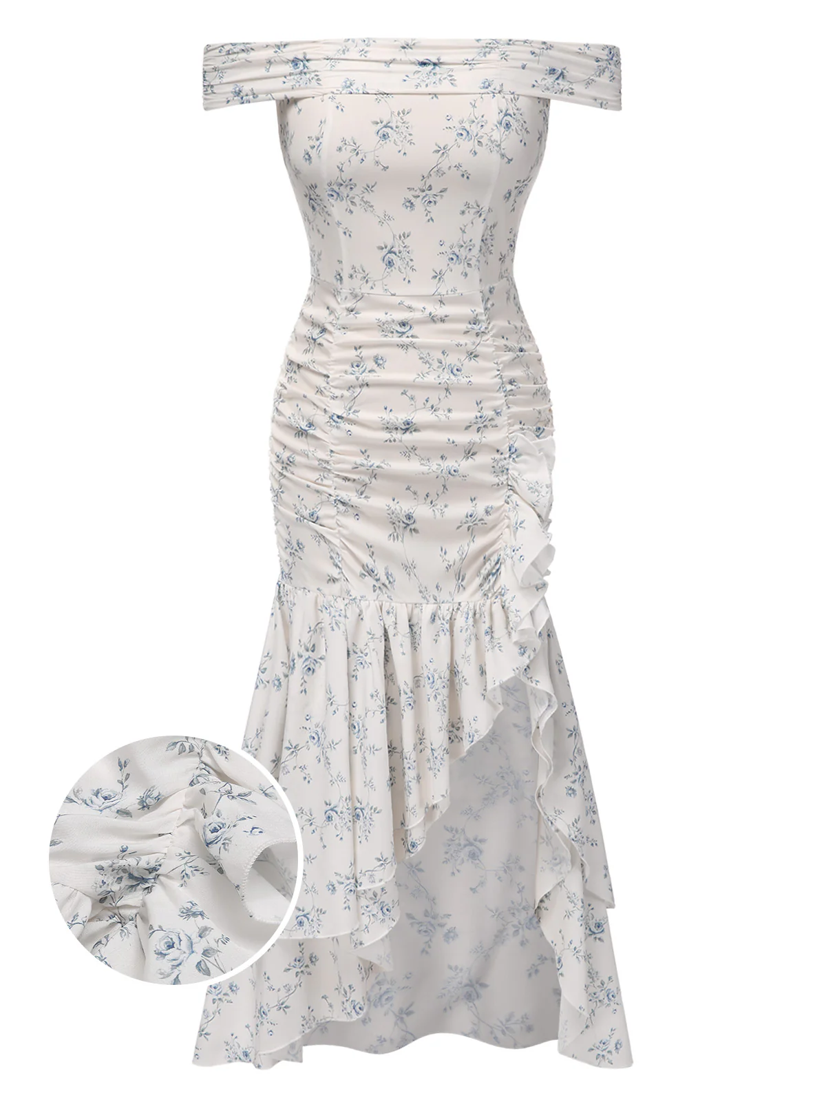 Blue 1930s Off-Shoulder Floral Ruffles Hem Dress - Image 2