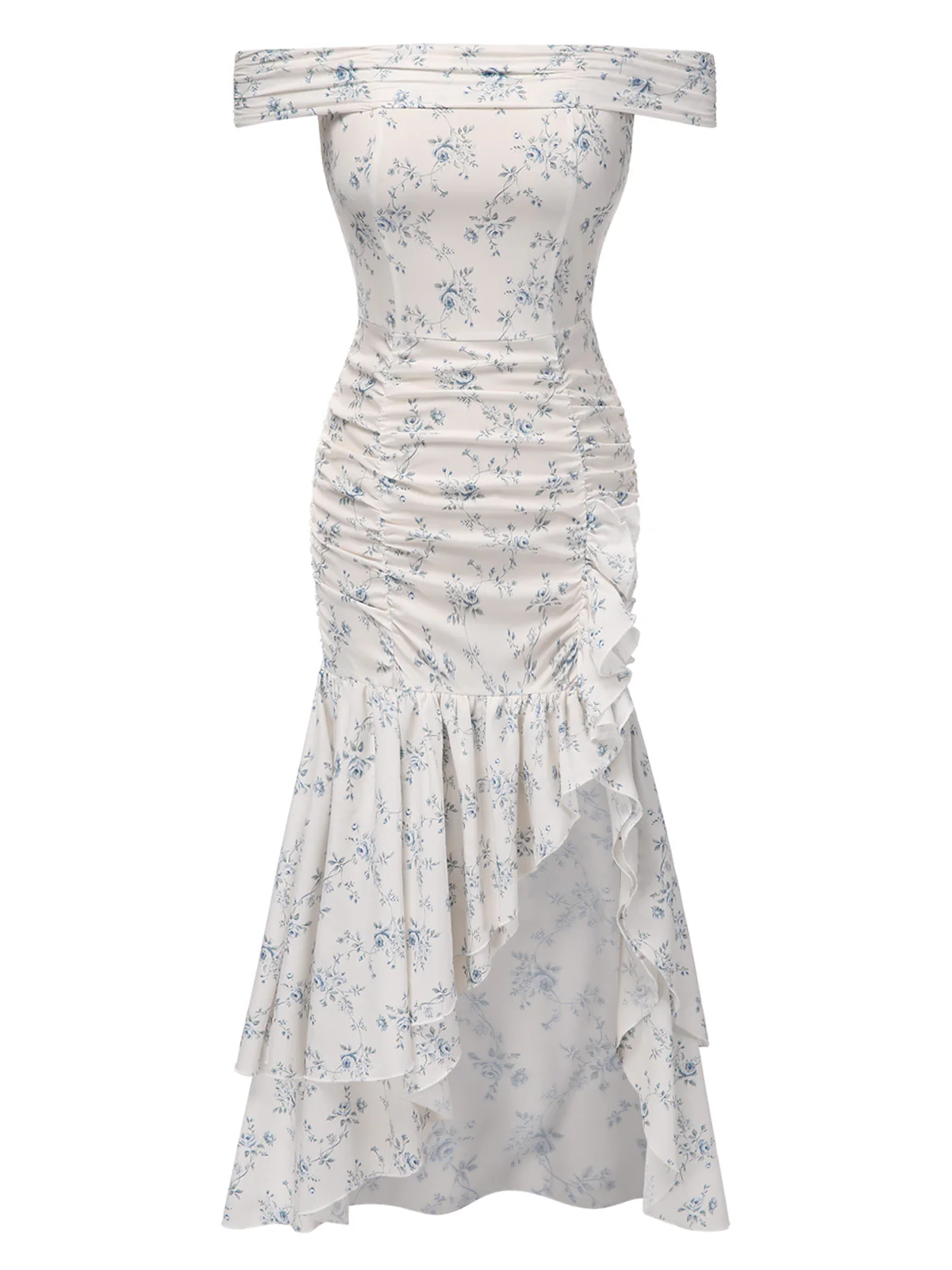 Blue 1930s Off-Shoulder Floral Ruffles Hem Dress - Image 3
