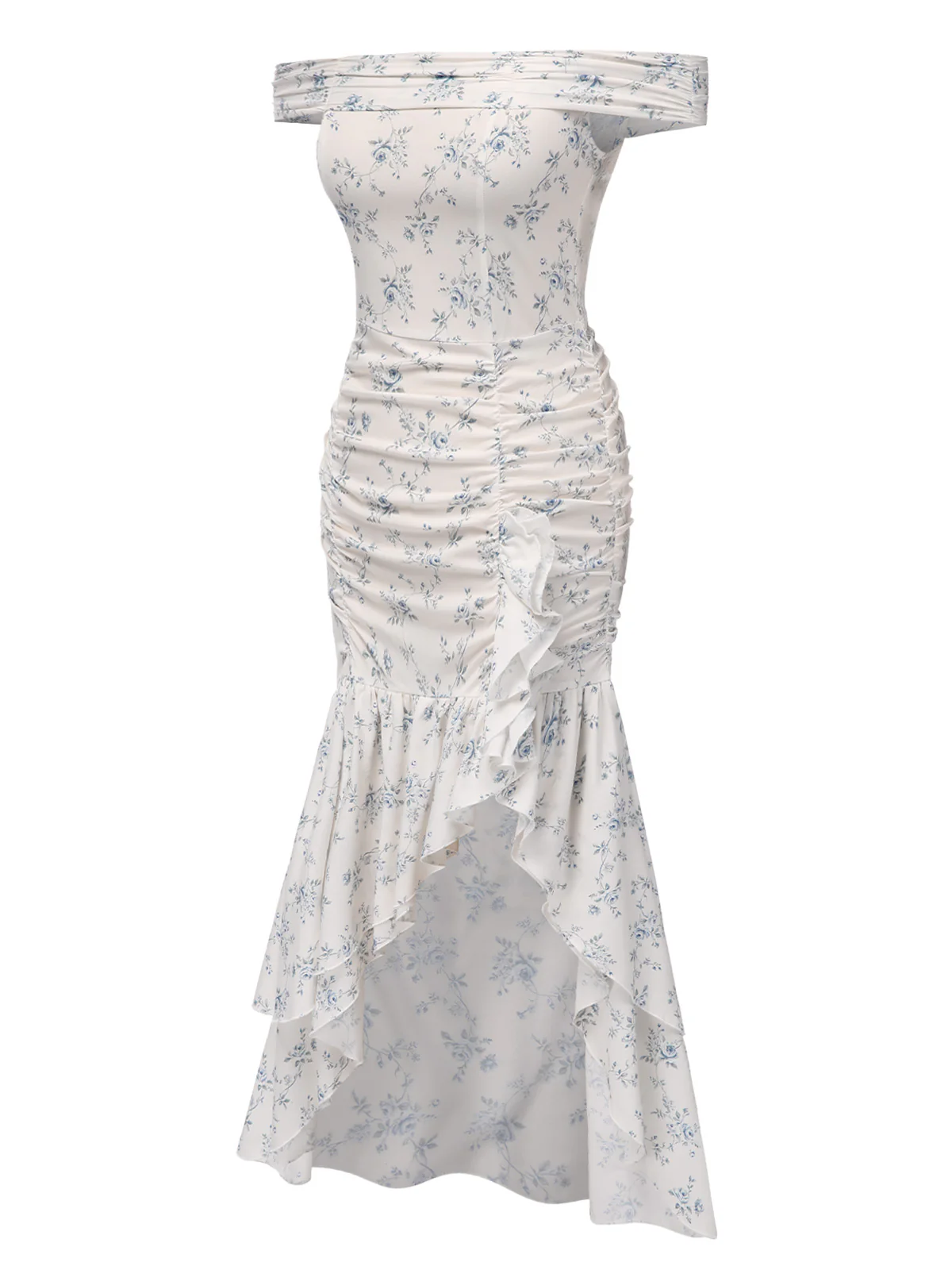 Blue 1930s Off-Shoulder Floral Ruffles Hem Dress - Image 4