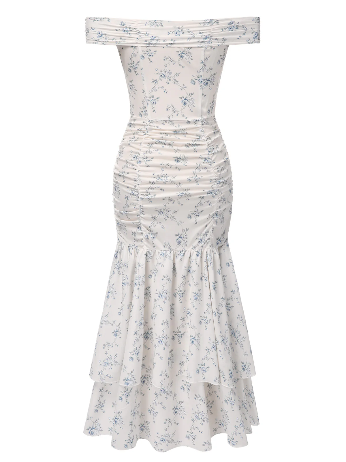 Blue 1930s Off-Shoulder Floral Ruffles Hem Dress - Image 5