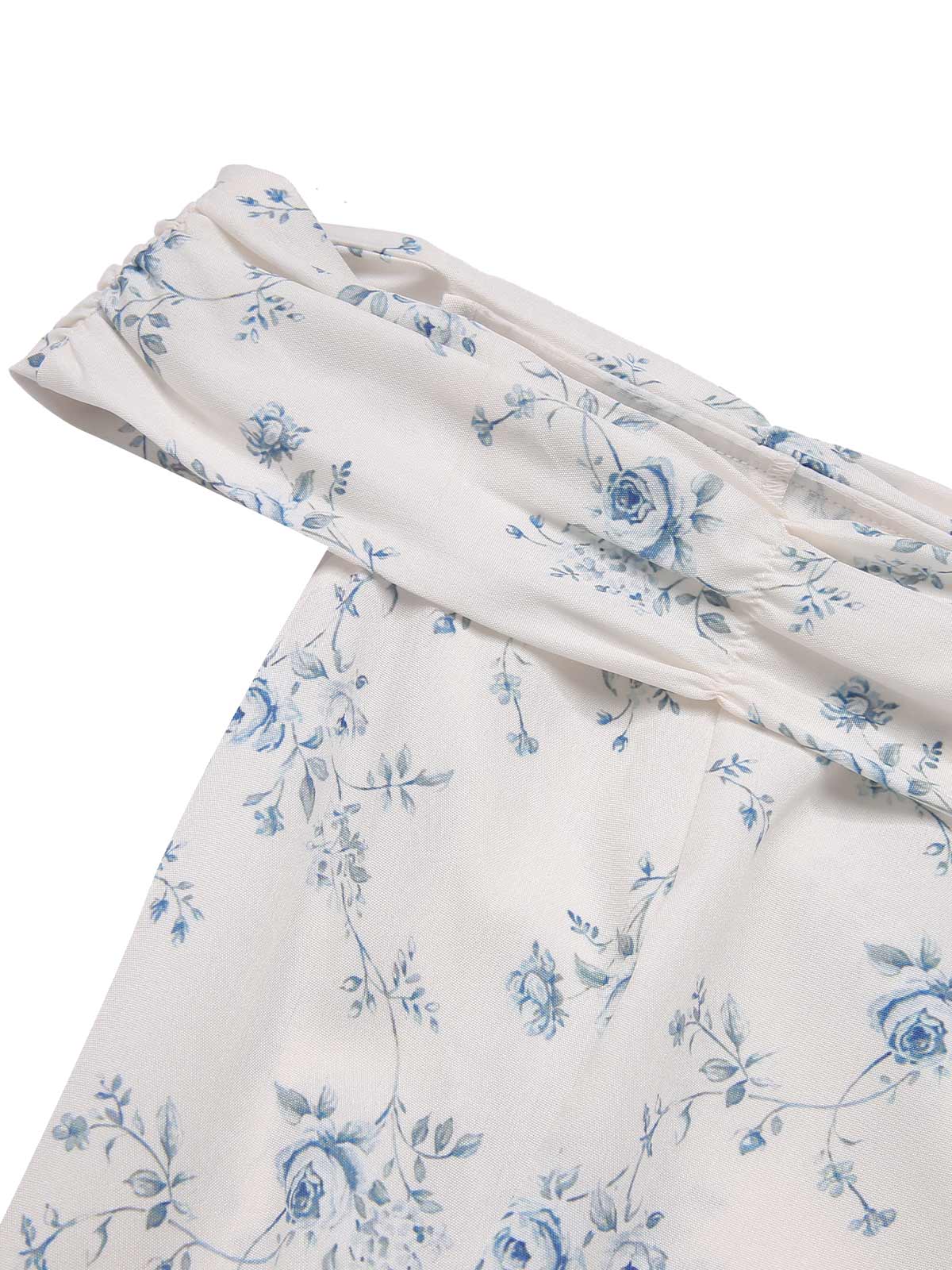 Blue 1930s Off-Shoulder Floral Ruffles Hem Dress - Image 6