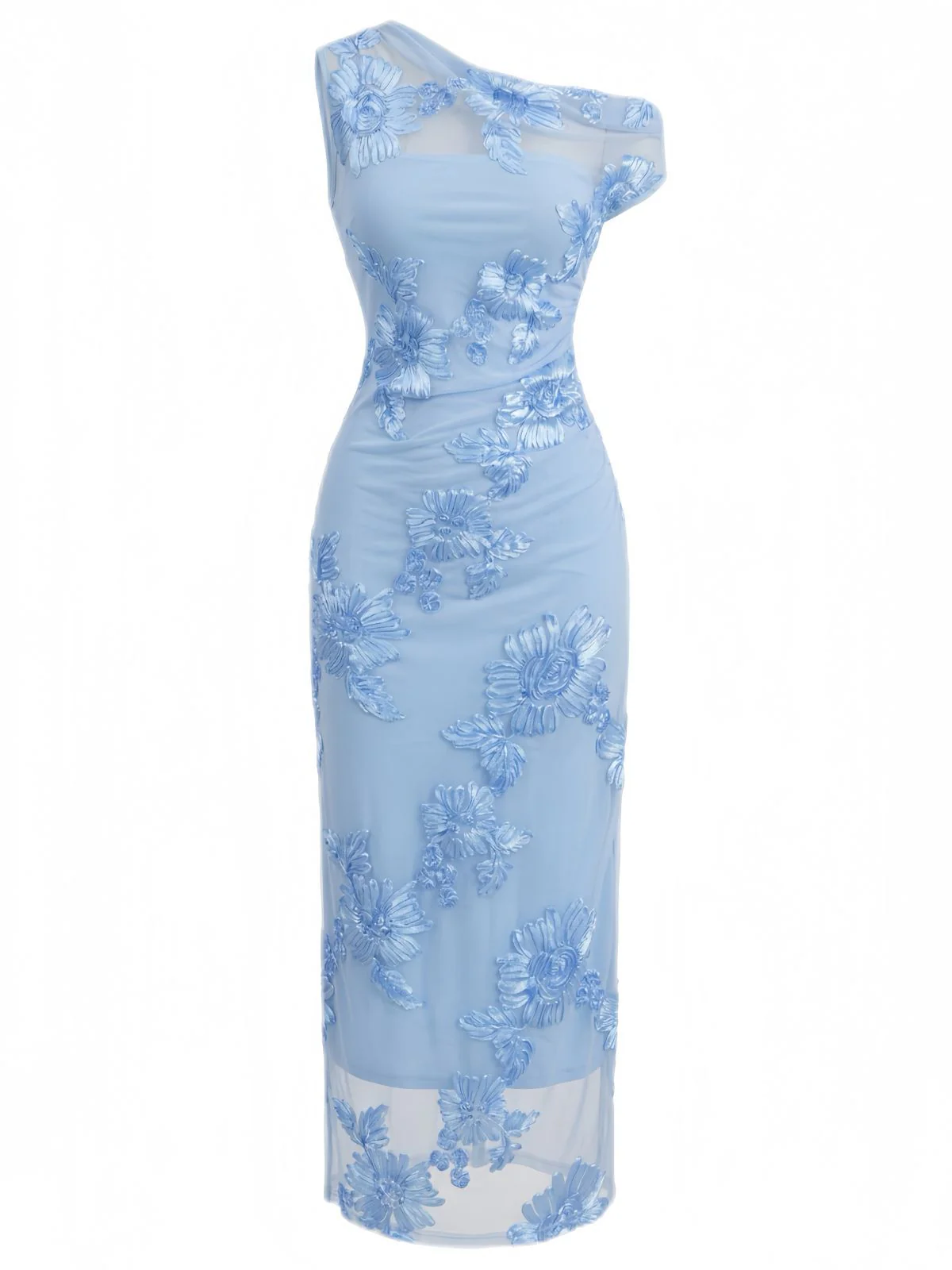 Blue 1930s One-Shoulder Floral Embroidered Mermaid Dress