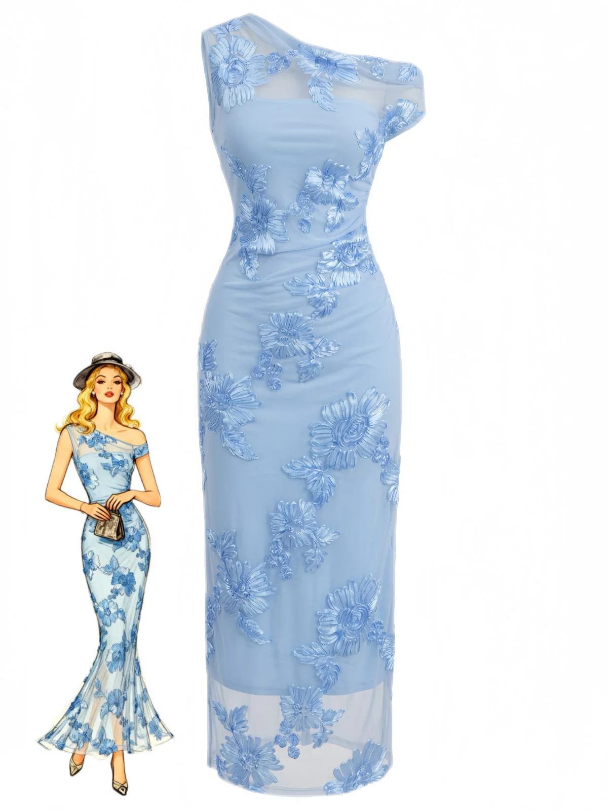 Blue 1930s One-Shoulder Floral Embroidered Mermaid Dress - Image 2