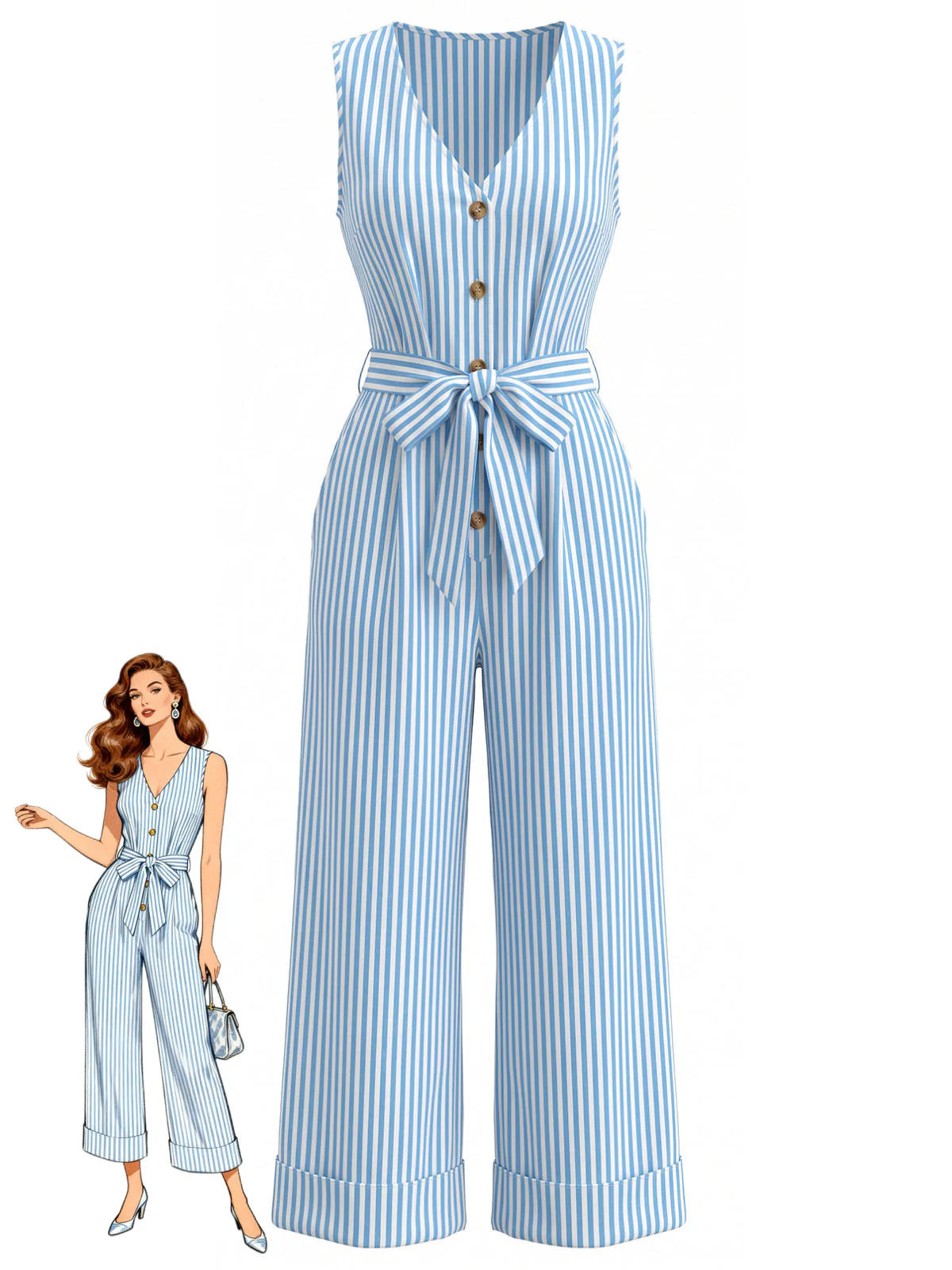 Blue 1930s Vertical Stripe V-Neck Sleeveless Belted Jumpsuit