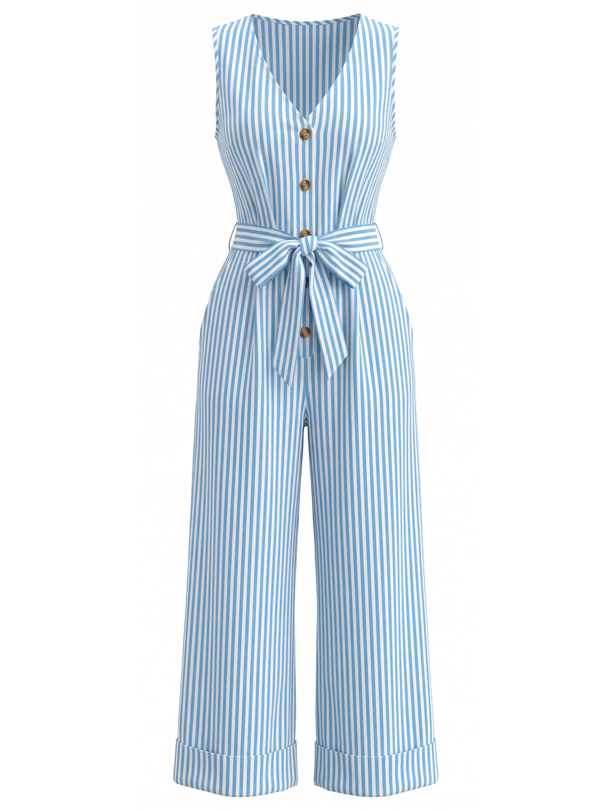 Blue 1930s Vertical Stripe V-Neck Sleeveless Belted Jumpsuit - Image 2