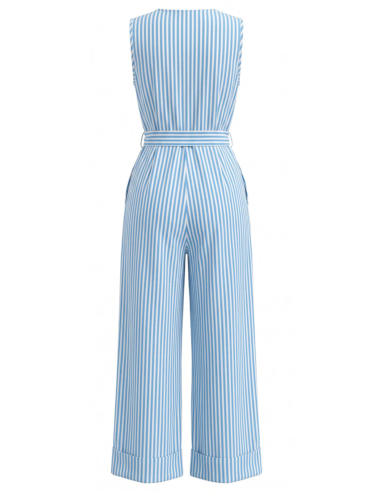 Blue 1930s Vertical Stripe V-Neck Sleeveless Belted Jumpsuit - Image 3