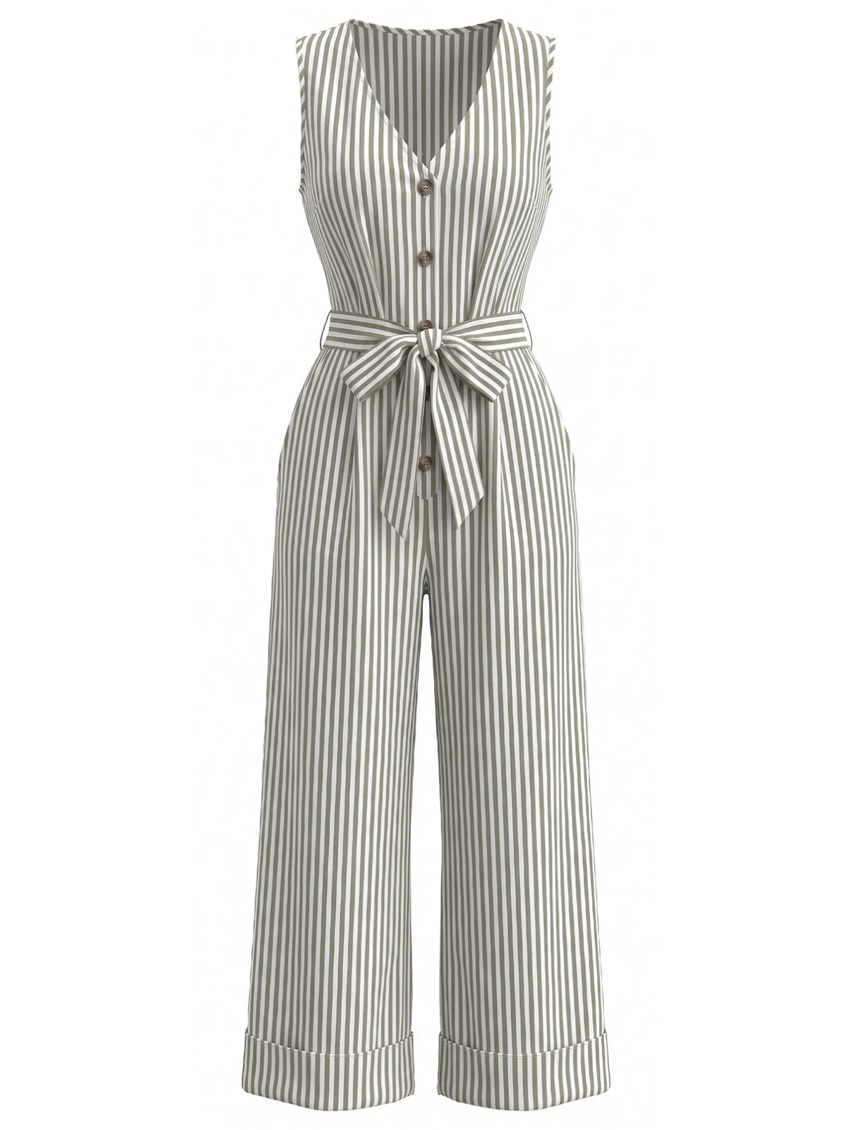 Blue 1930s Vertical Stripe V-Neck Sleeveless Belted Jumpsuit - Image 4