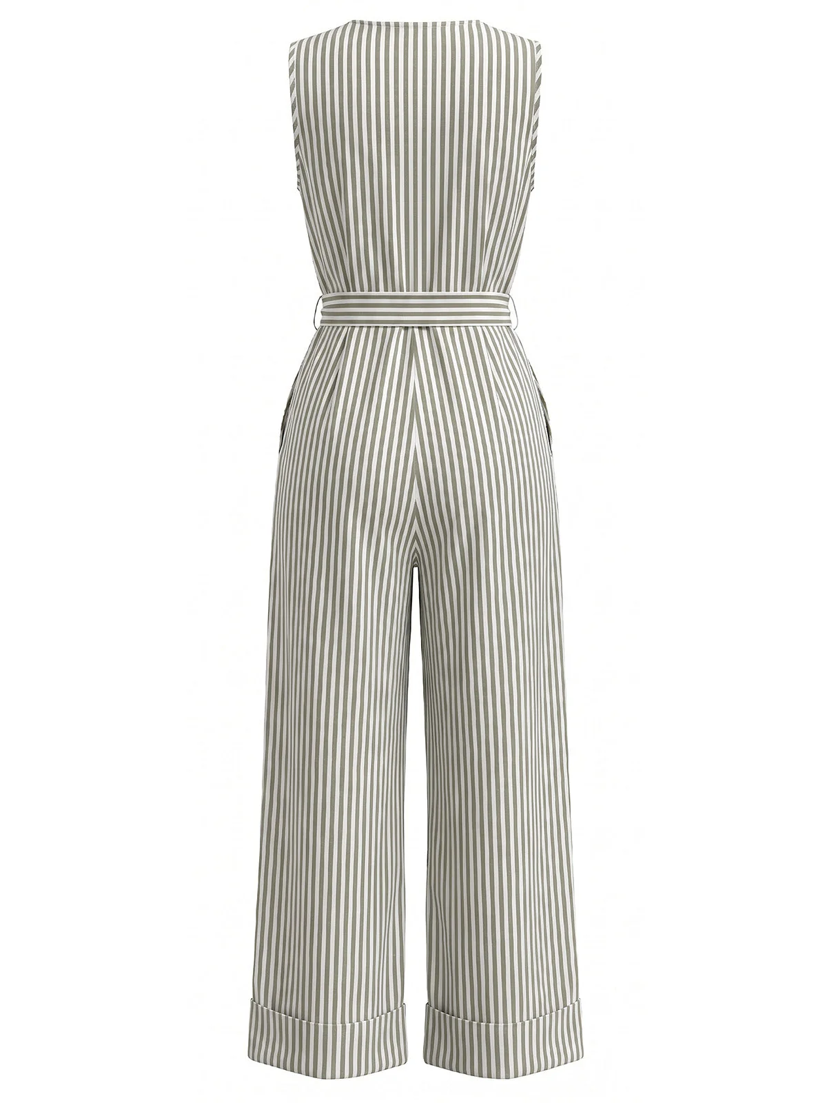 Blue 1930s Vertical Stripe V-Neck Sleeveless Belted Jumpsuit - Image 5