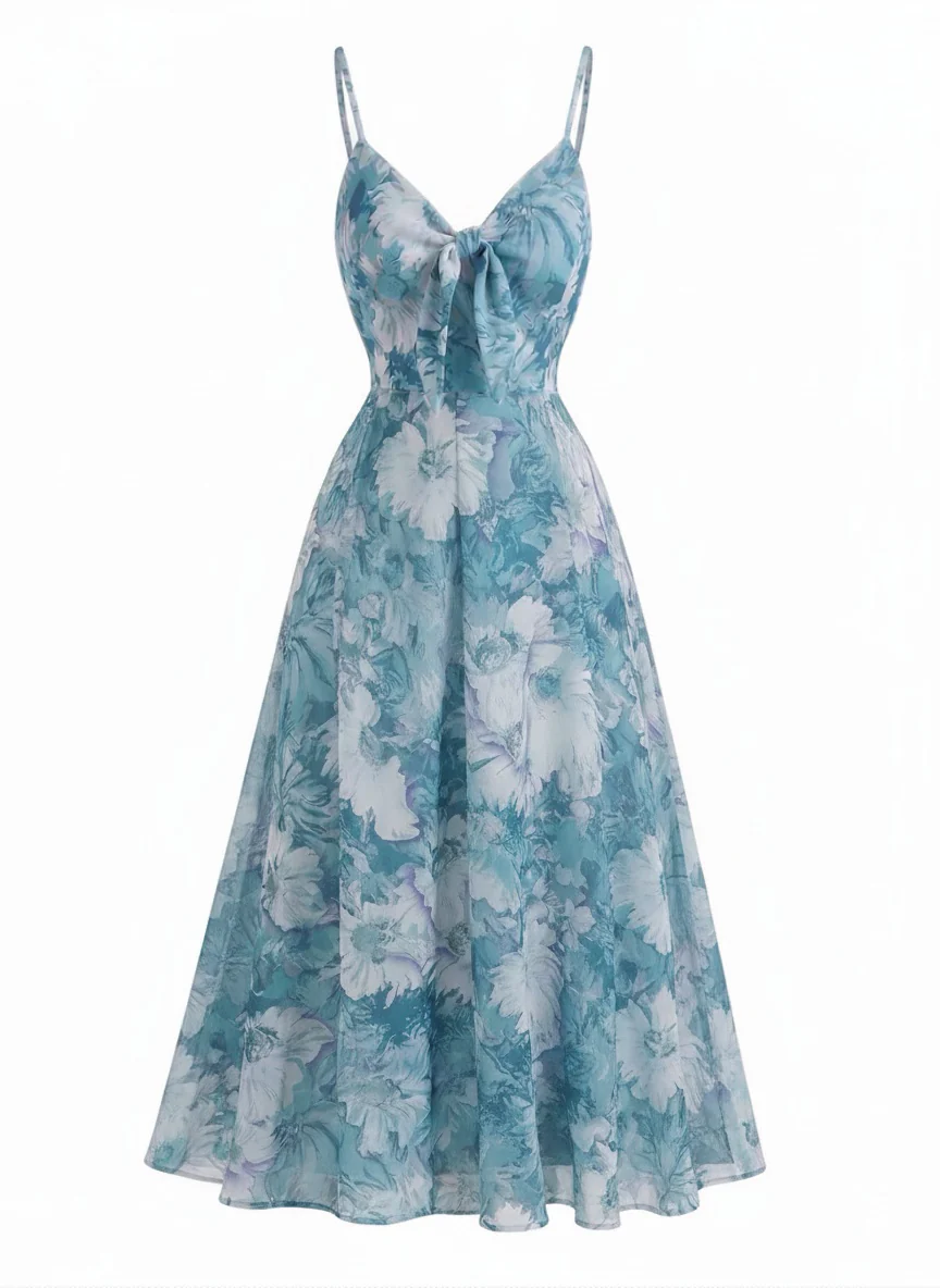 [Pre-Sale] Blue 1930s Watercolor Floral V-Neck Bohemian Slip Dress
