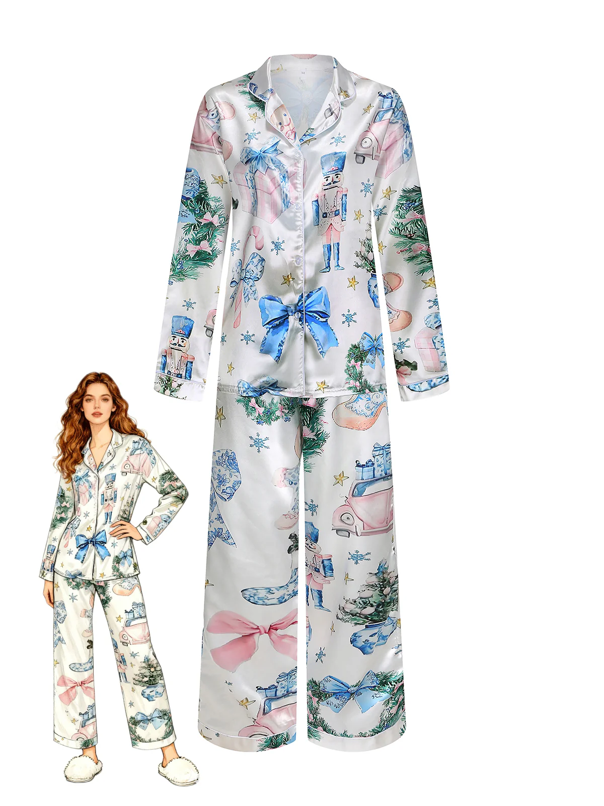 Blue 1940s Christmas Nutcracker Candy Cane Pajama Set