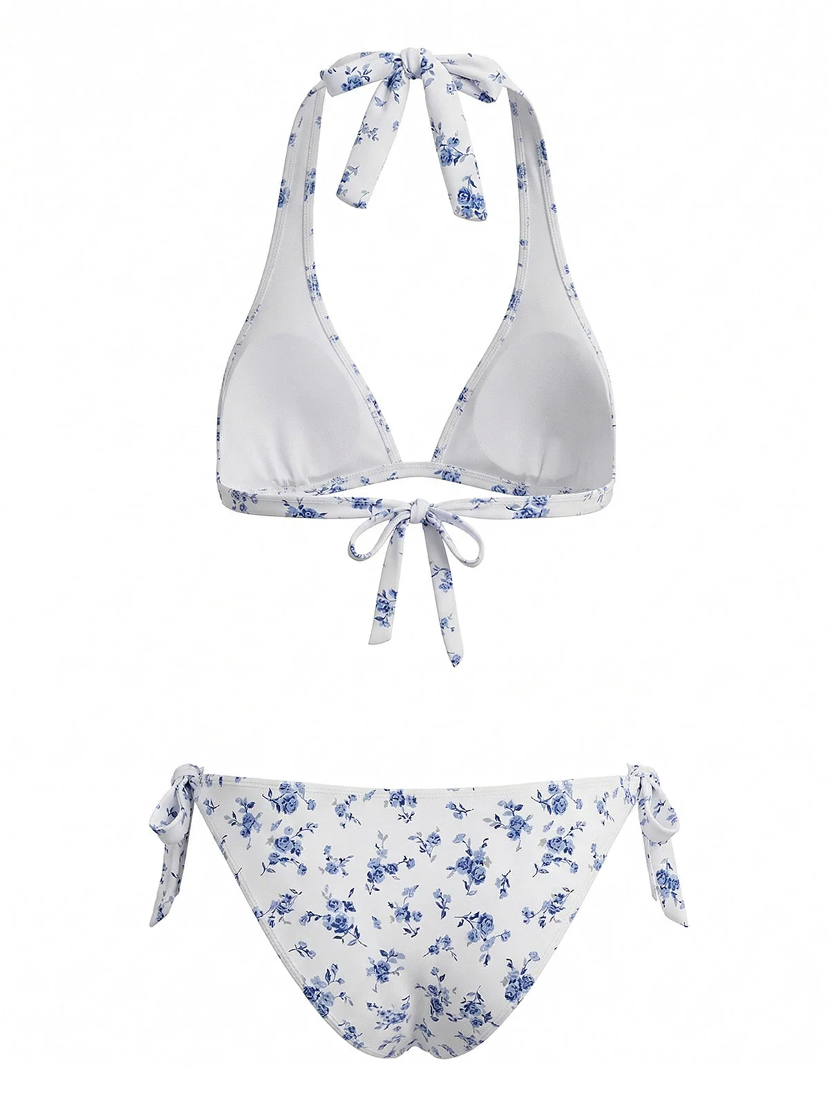 Blue 1940s Ditsy Floral Halter Tie Back Bikini Set - Image 3