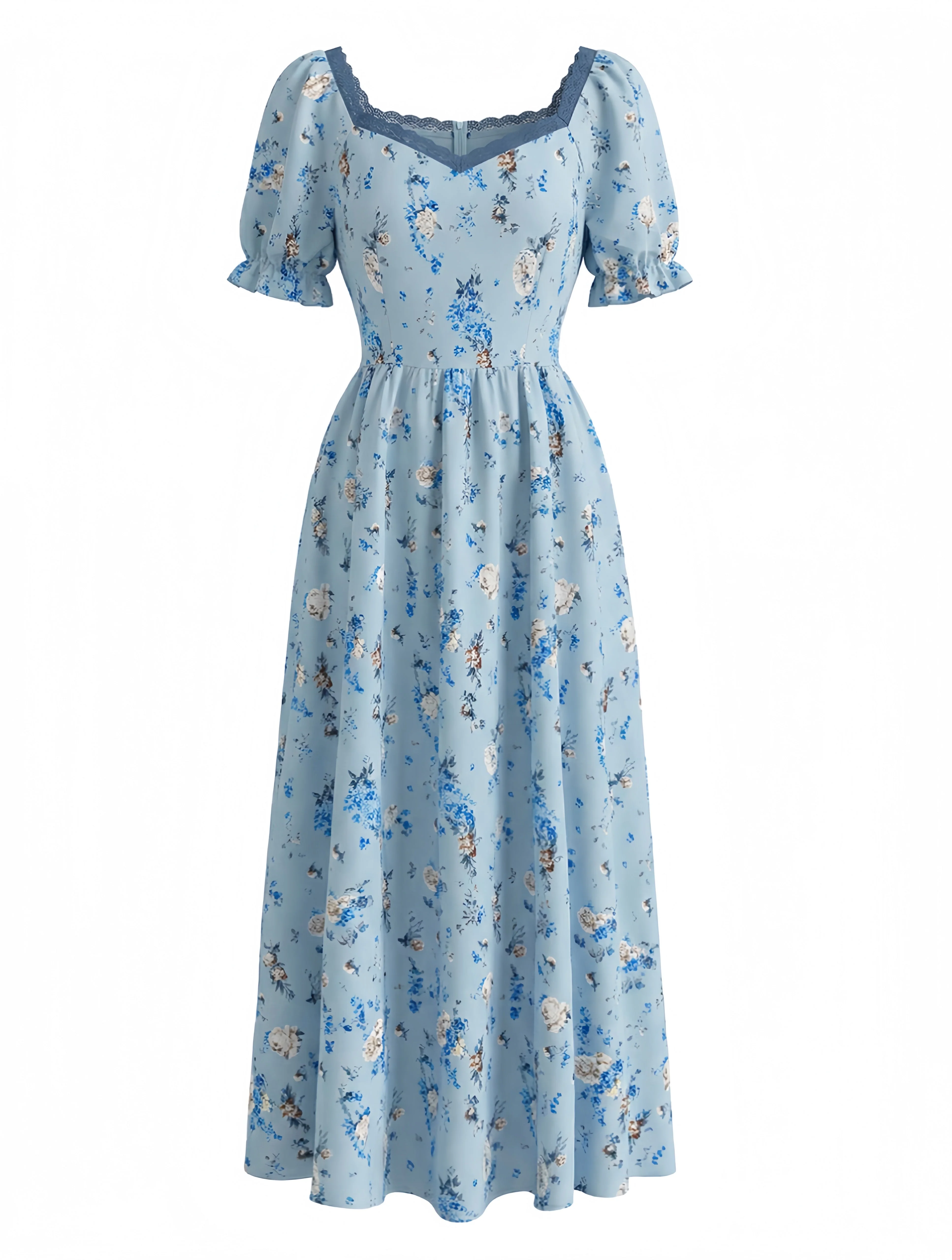 Blue 1940s Ditsy Floral V-Neck Dress - Image 2
