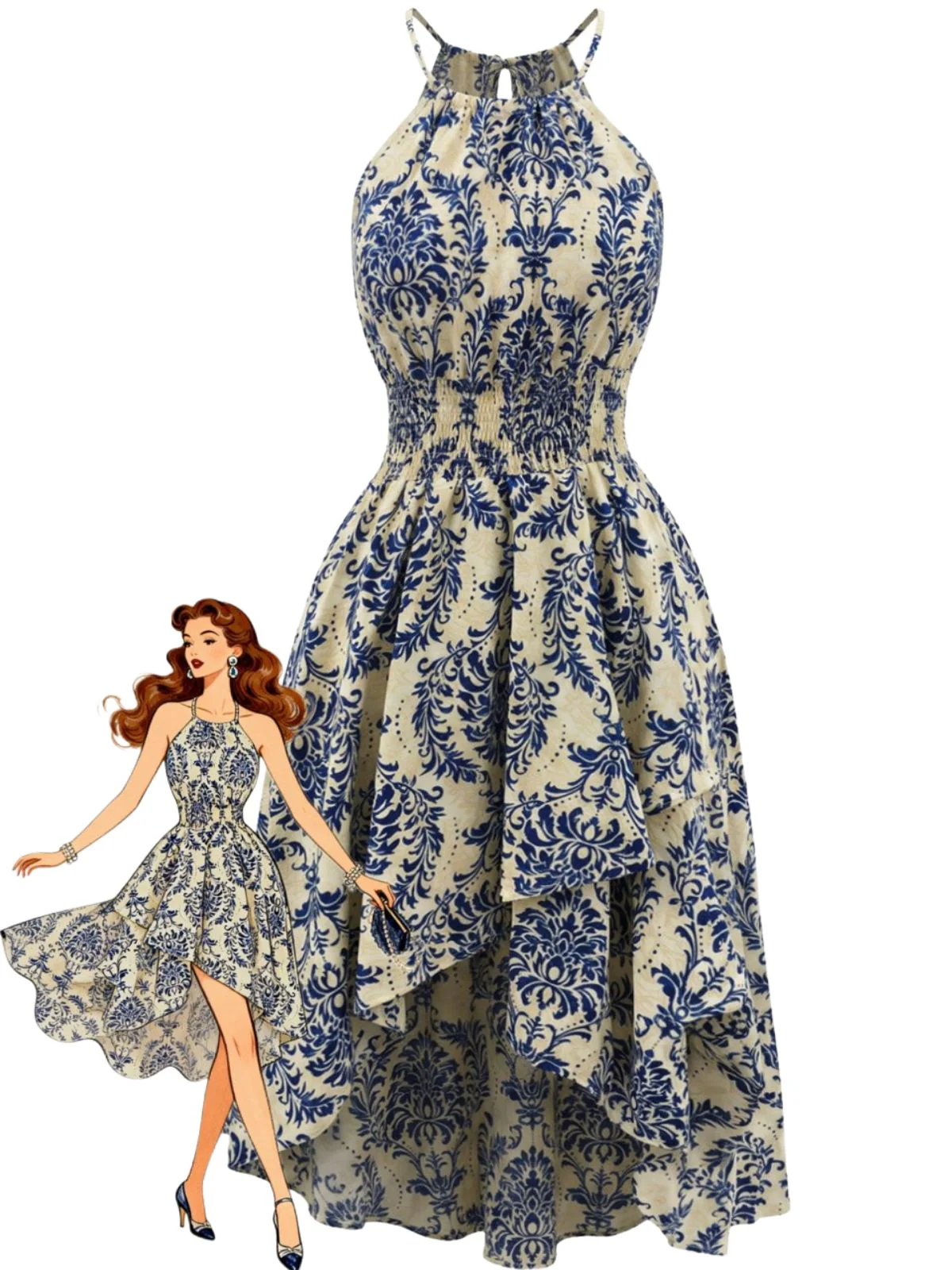 Blue 1940s Floral Bind Halter Dress