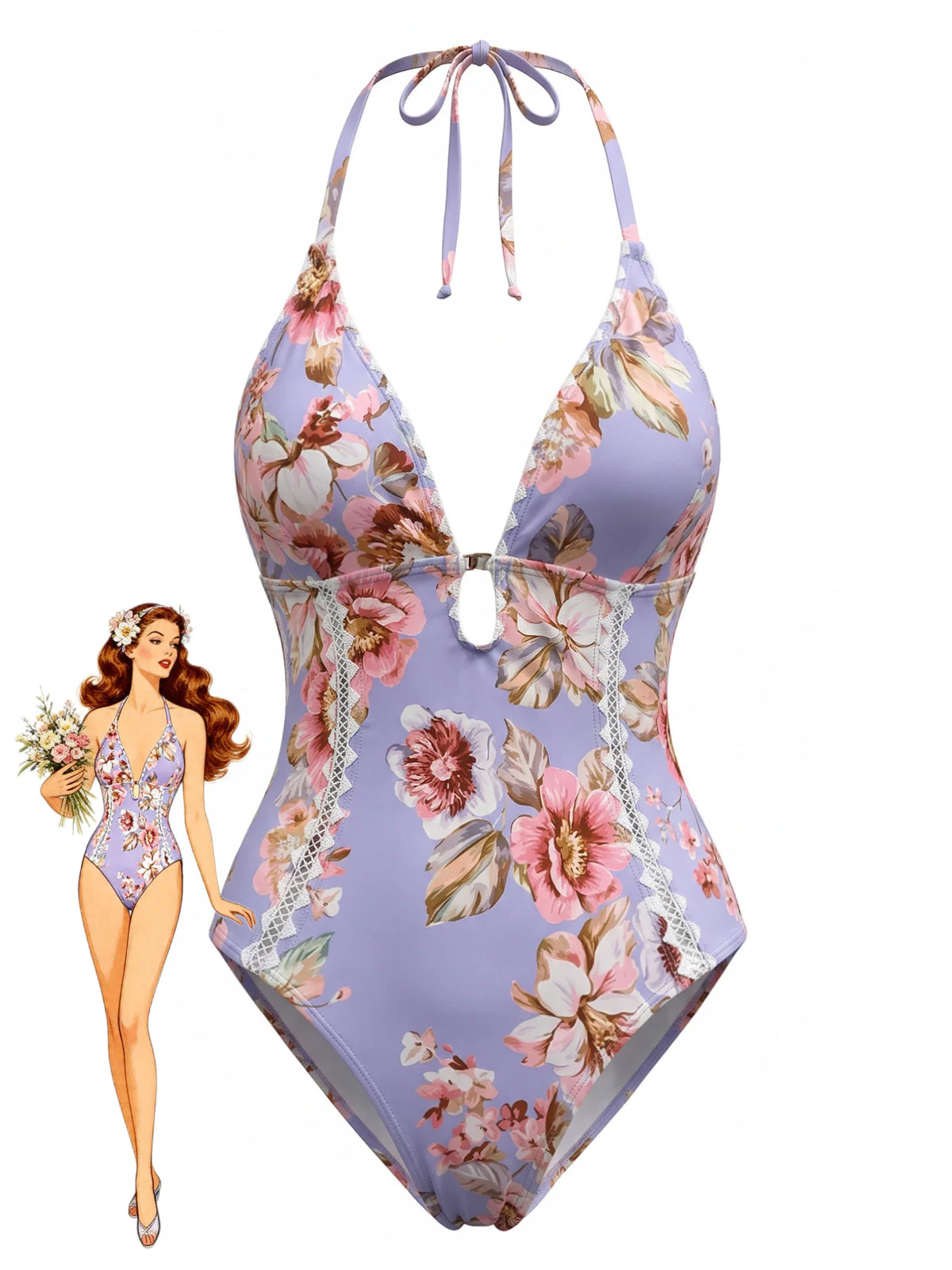 Blue 1940s Floral Lace Trim Halter One-Piece Swimsuit