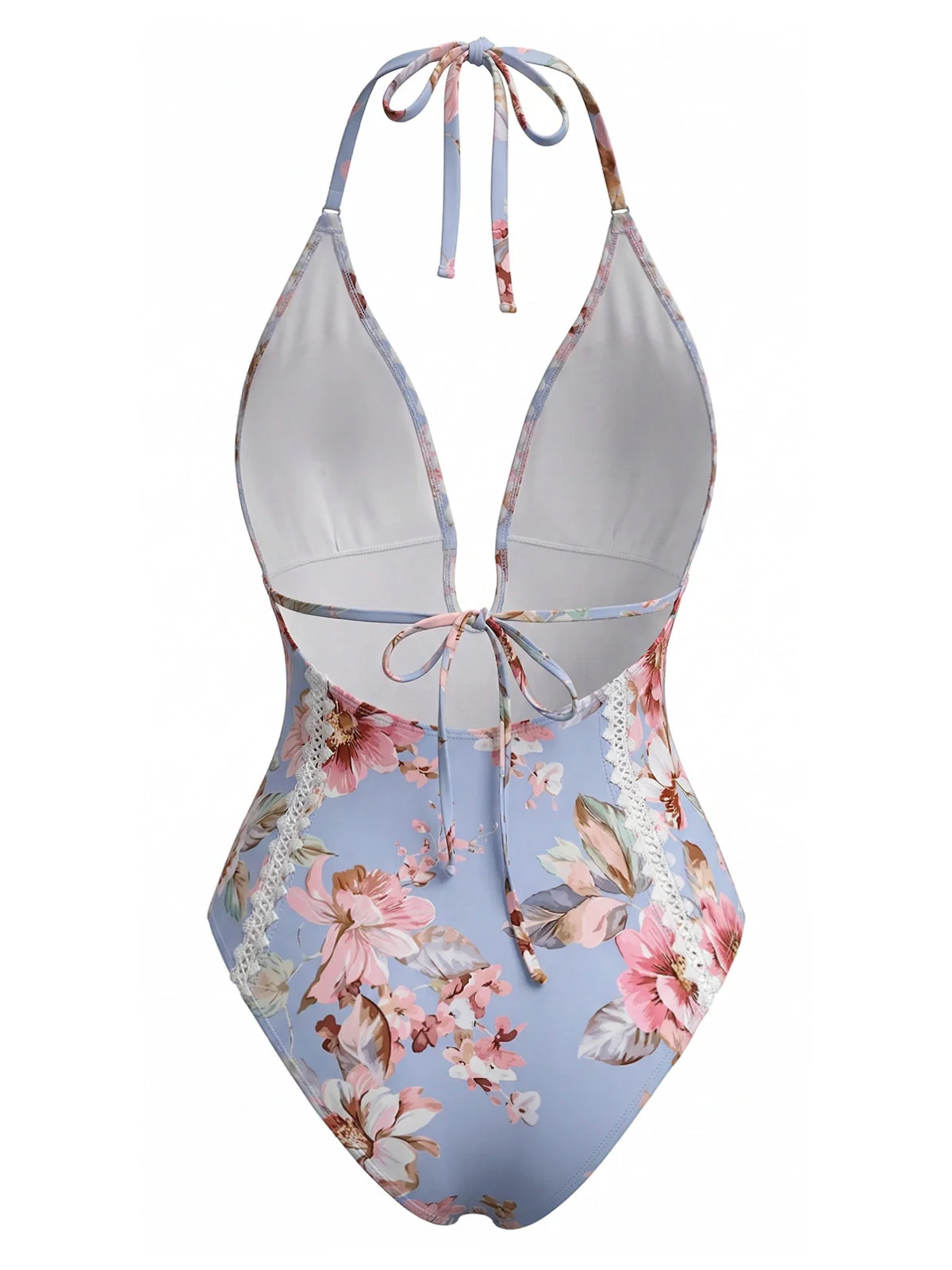 Blue 1940s Floral Lace Trim Halter One-Piece Swimsuit - Image 3