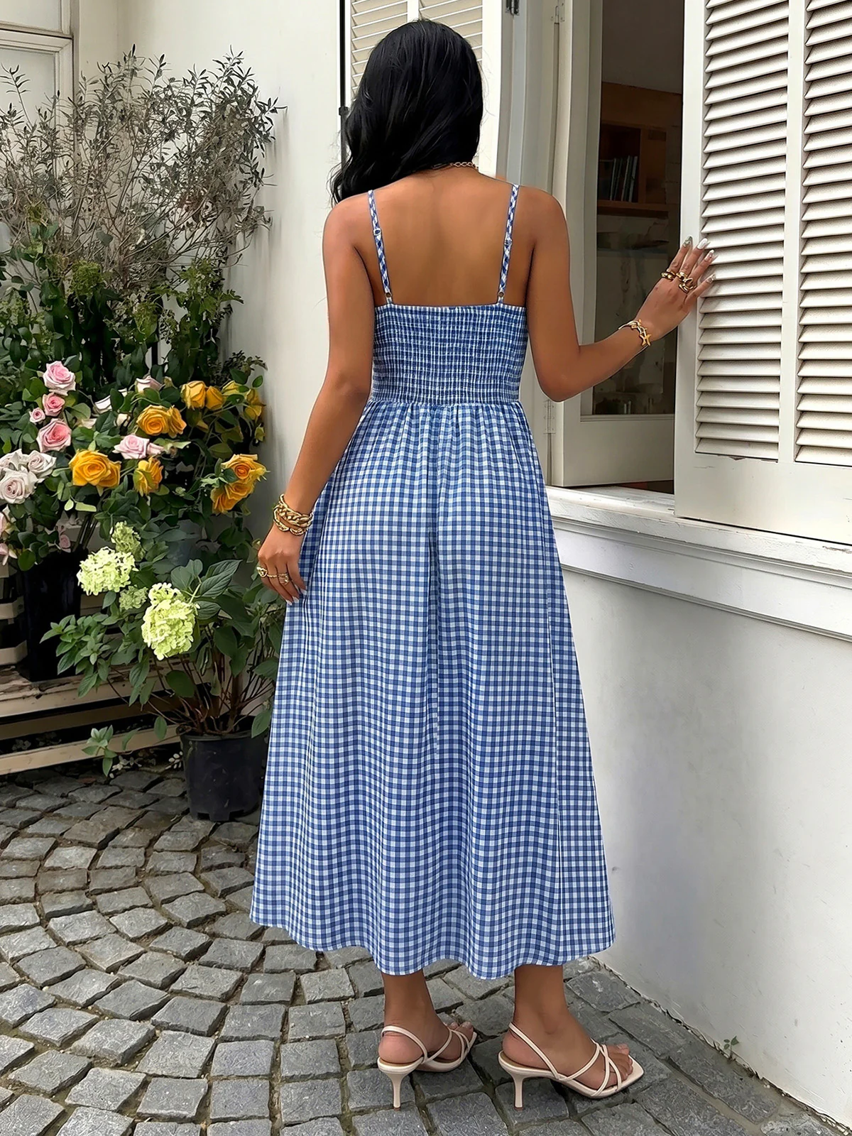 Blue 1940s Gingham Plaid Spaghetti Strap Dress - Image 5