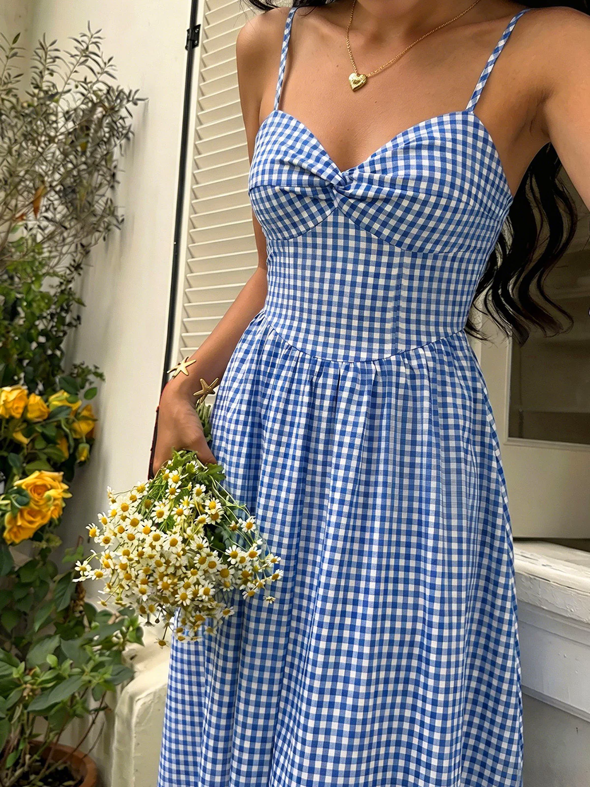 Blue 1940s Gingham Plaid Spaghetti Strap Dress - Image 6