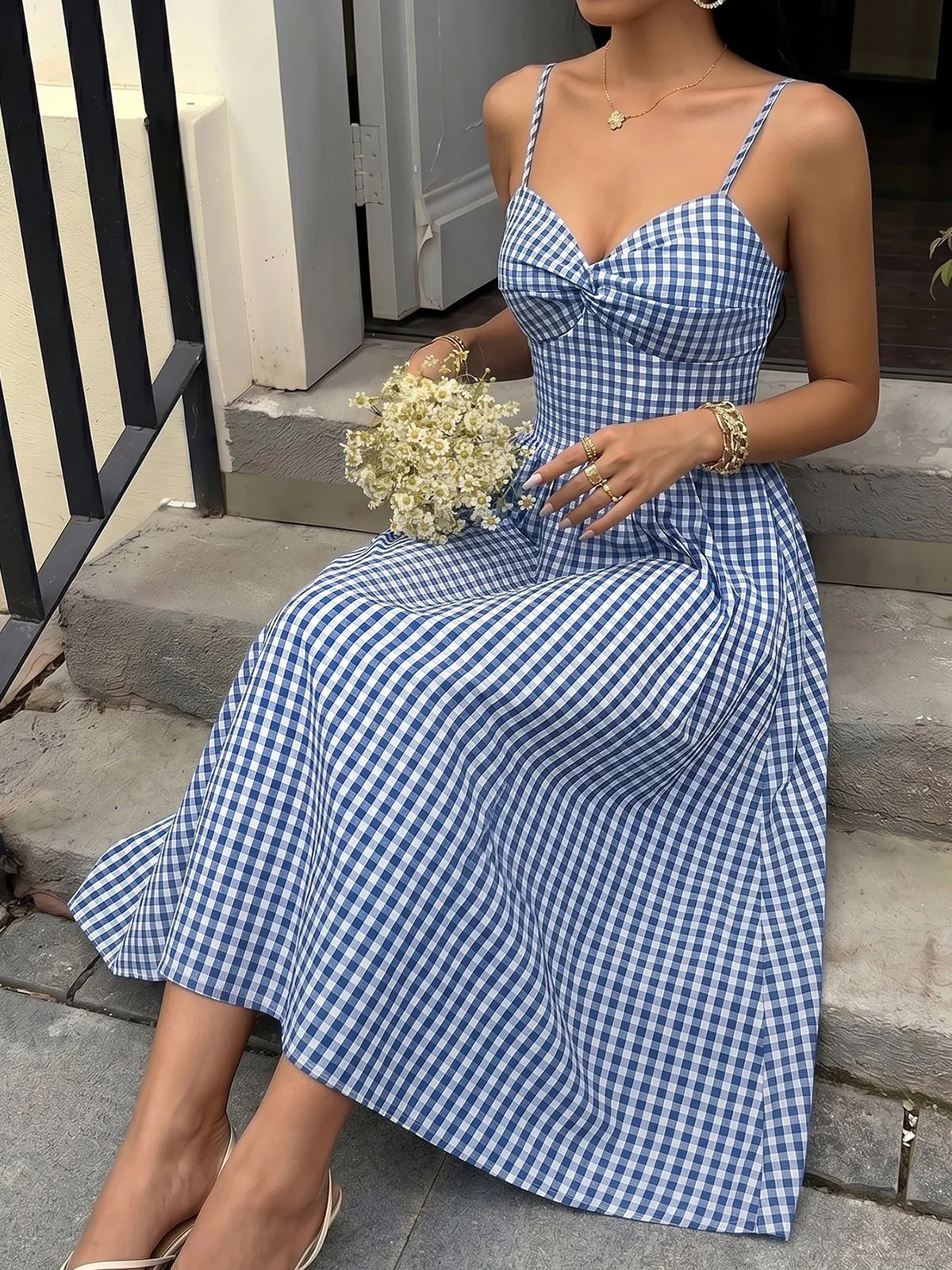 Blue 1940s Gingham Plaid Spaghetti Strap Dress - Image 7