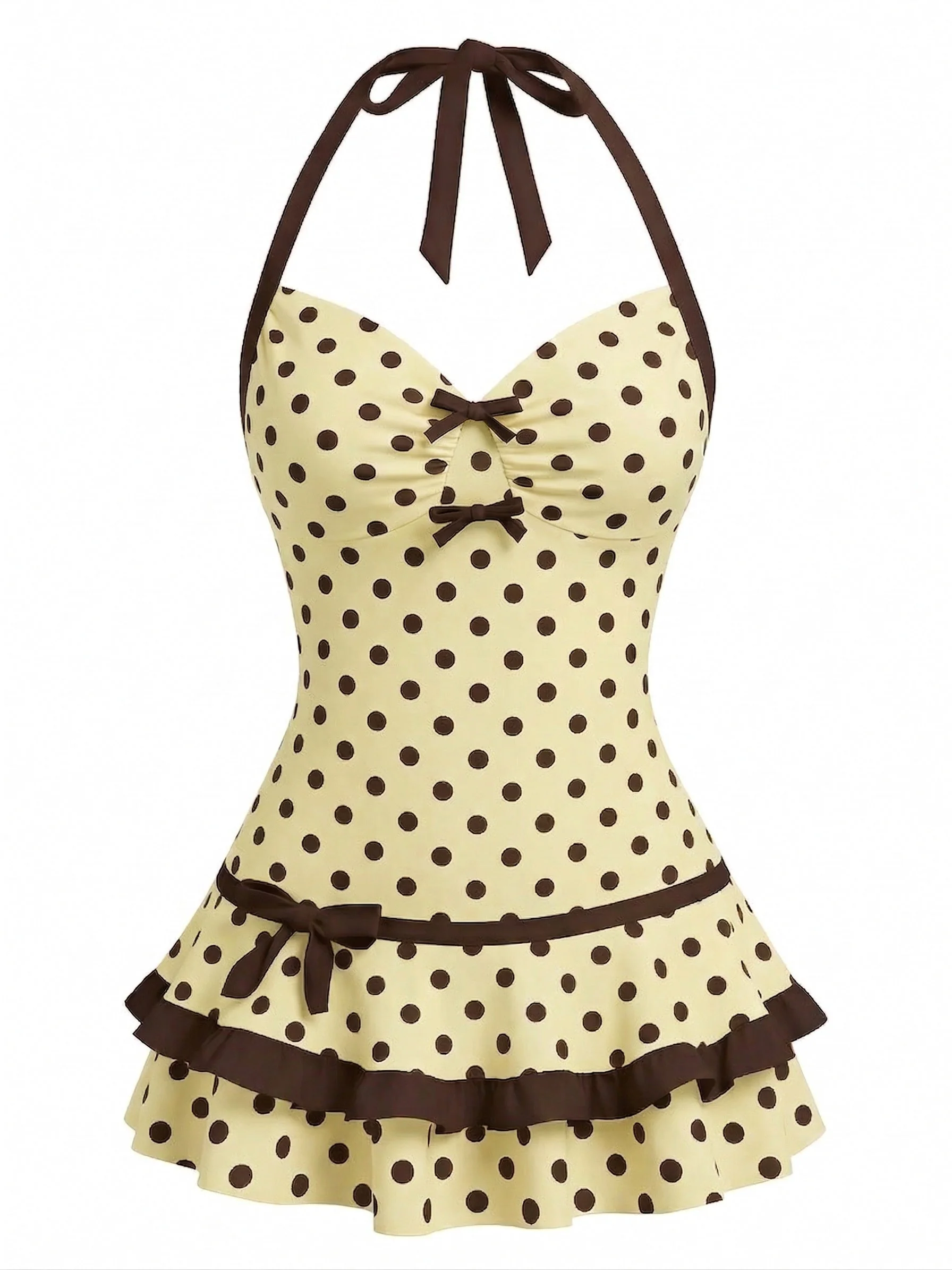 [Pre-Sale] Blue 1940s Halter Bow Polka Dot Swim Dress - Image 2