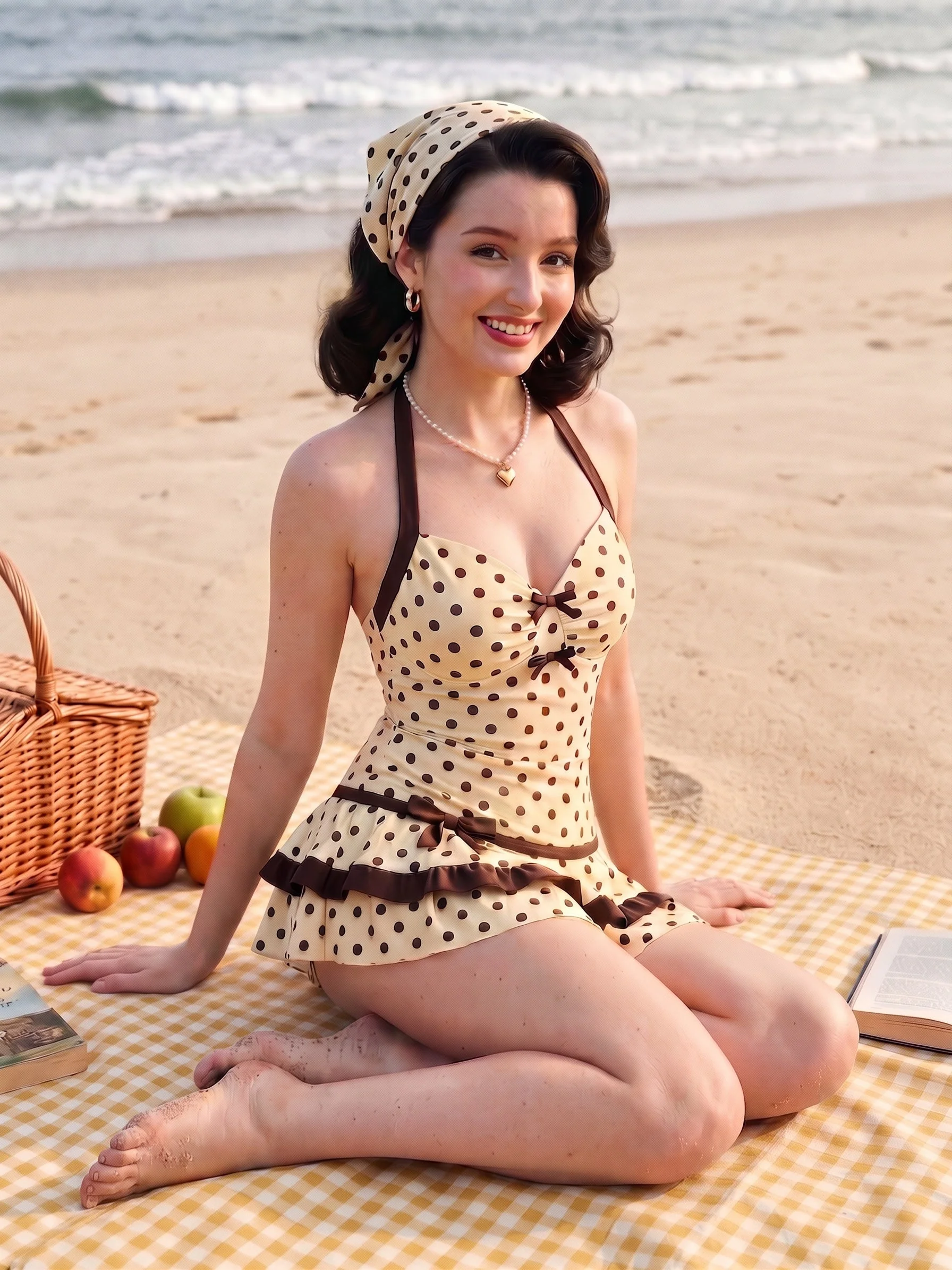 [Pre-Sale] Blue 1940s Halter Bow Polka Dot Swim Dress - Image 4