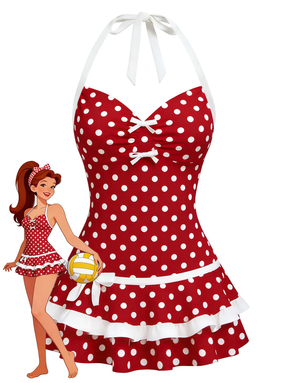 [Pre-Sale] Blue 1940s Halter Bow Polka Dot Swim Dress - Image 7
