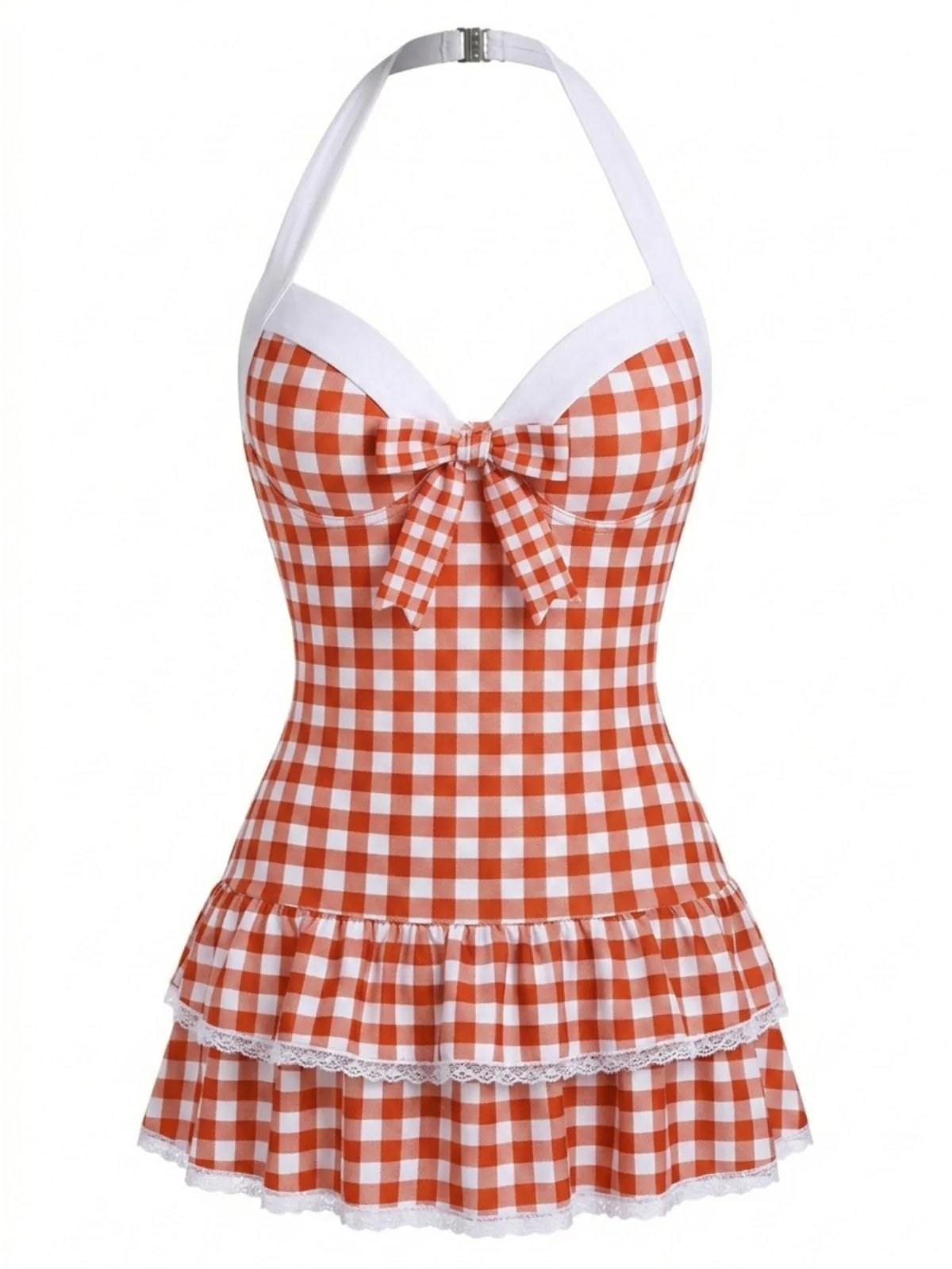 Red 1940s Halter Gingham Bow One-Piece Swimsuit