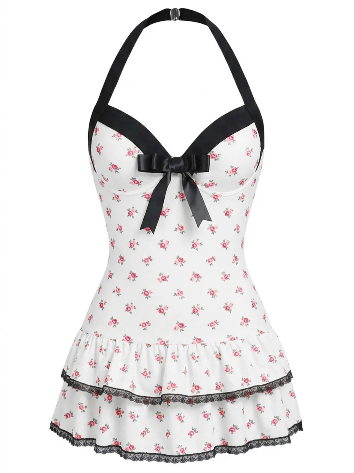 Red 1940s Halter Gingham Bow One-Piece Swimsuit - Image 3